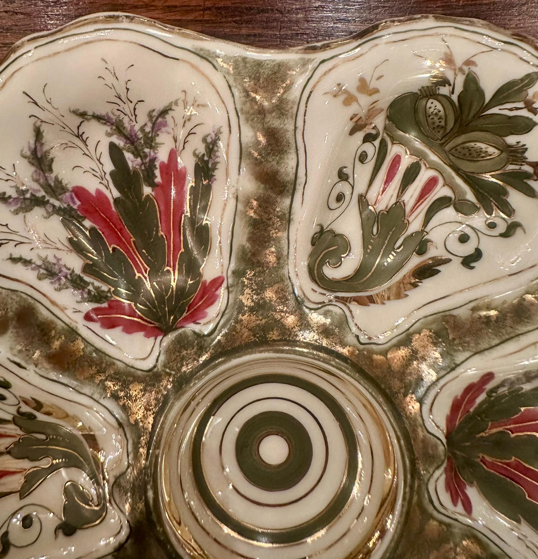 European Antique Continental Porcelain Green, Red, Ivory & Gold Oyster Plate, Circa 1880. For Sale