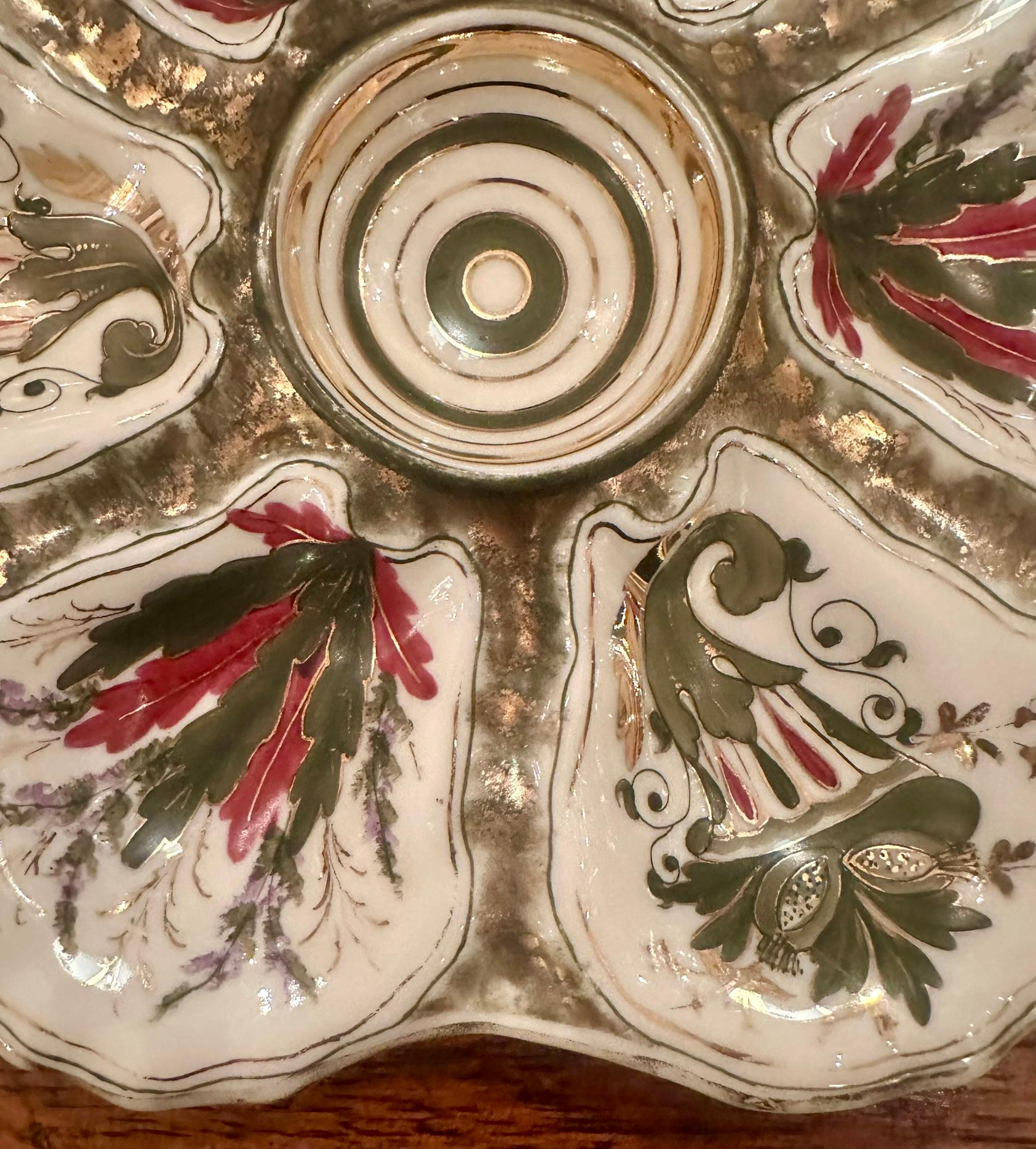 19th Century Antique Continental Porcelain Green, Red, Ivory & Gold Oyster Plate, Circa 1880. For Sale