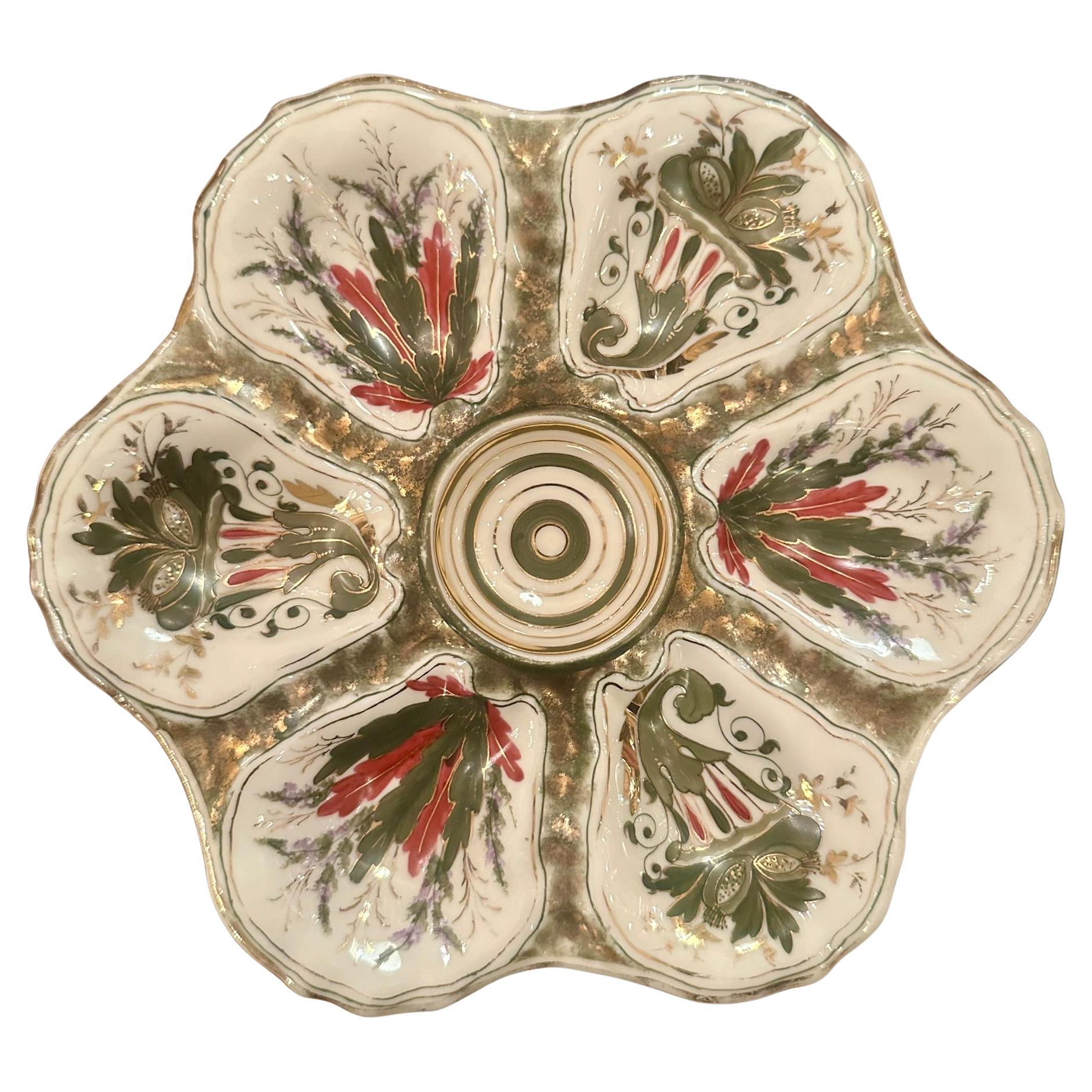 Antique Continental Porcelain Green, Red, Ivory & Gold Oyster Plate, Circa 1880.