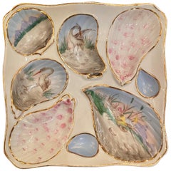 Antique assiette carrée à huîtres en porcelaine continentale peinte à la main "Sea Life" C-1890