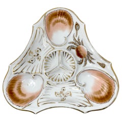 Antique Continental Porcelain Peach & Gold Triangle-Design Oyster Plate Ca. 1890