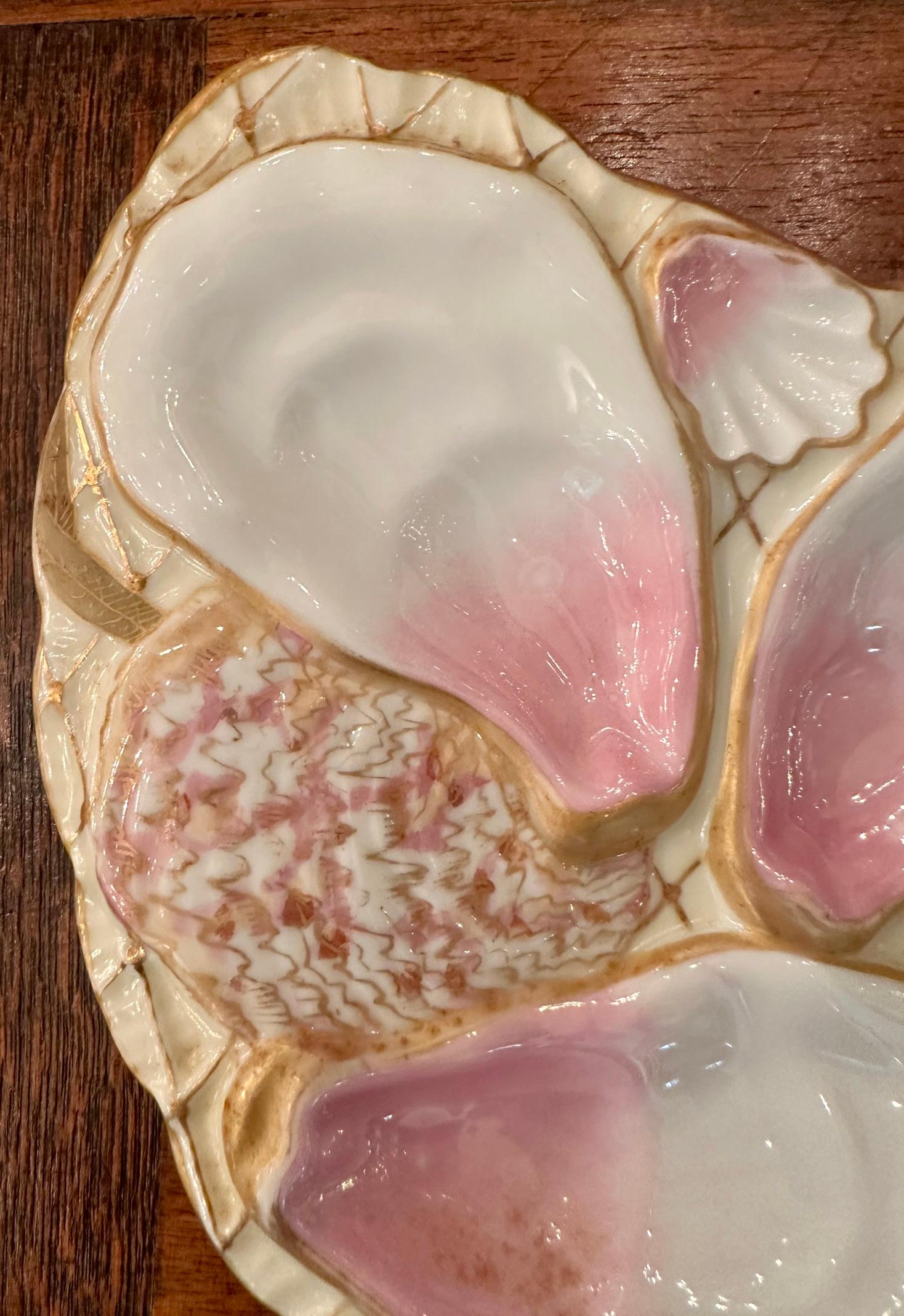Antique Continental Porcelain Pink & Gold Crescent-Shaped Oyster Plate Ca. 1890.  Made exclusively for the retailer 