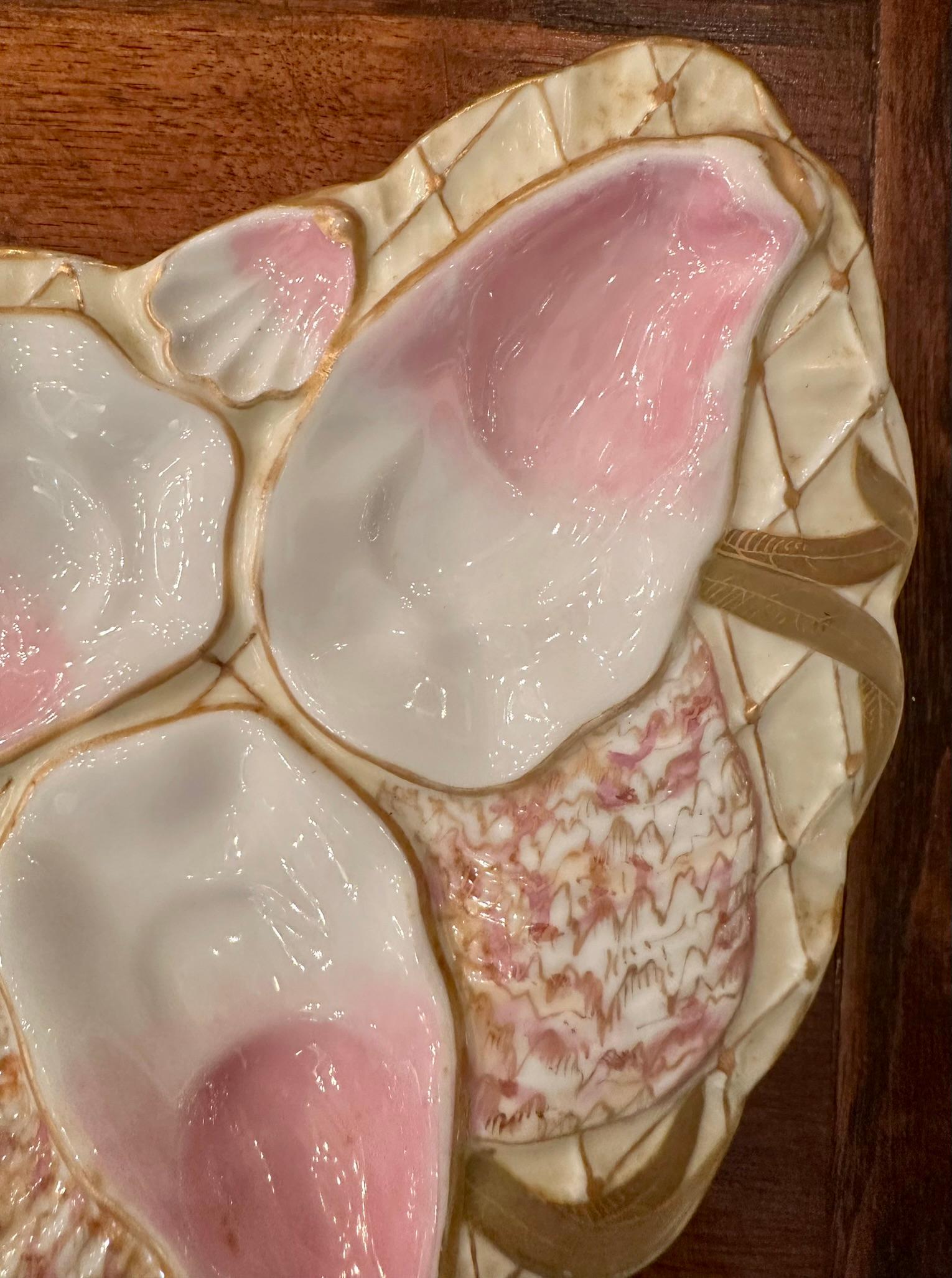 European Antique Continental Porcelain Pink & Gold Crescent-Shaped Oyster Plate Ca. 1890