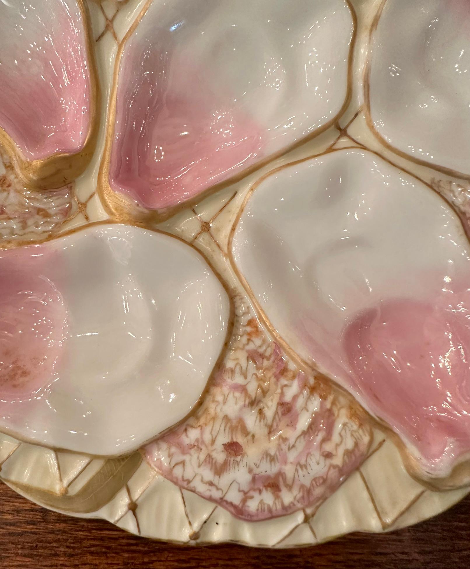 Antique Continental Porcelain Pink & Gold Crescent-Shaped Oyster Plate Ca. 1890 In Good Condition In New Orleans, LA