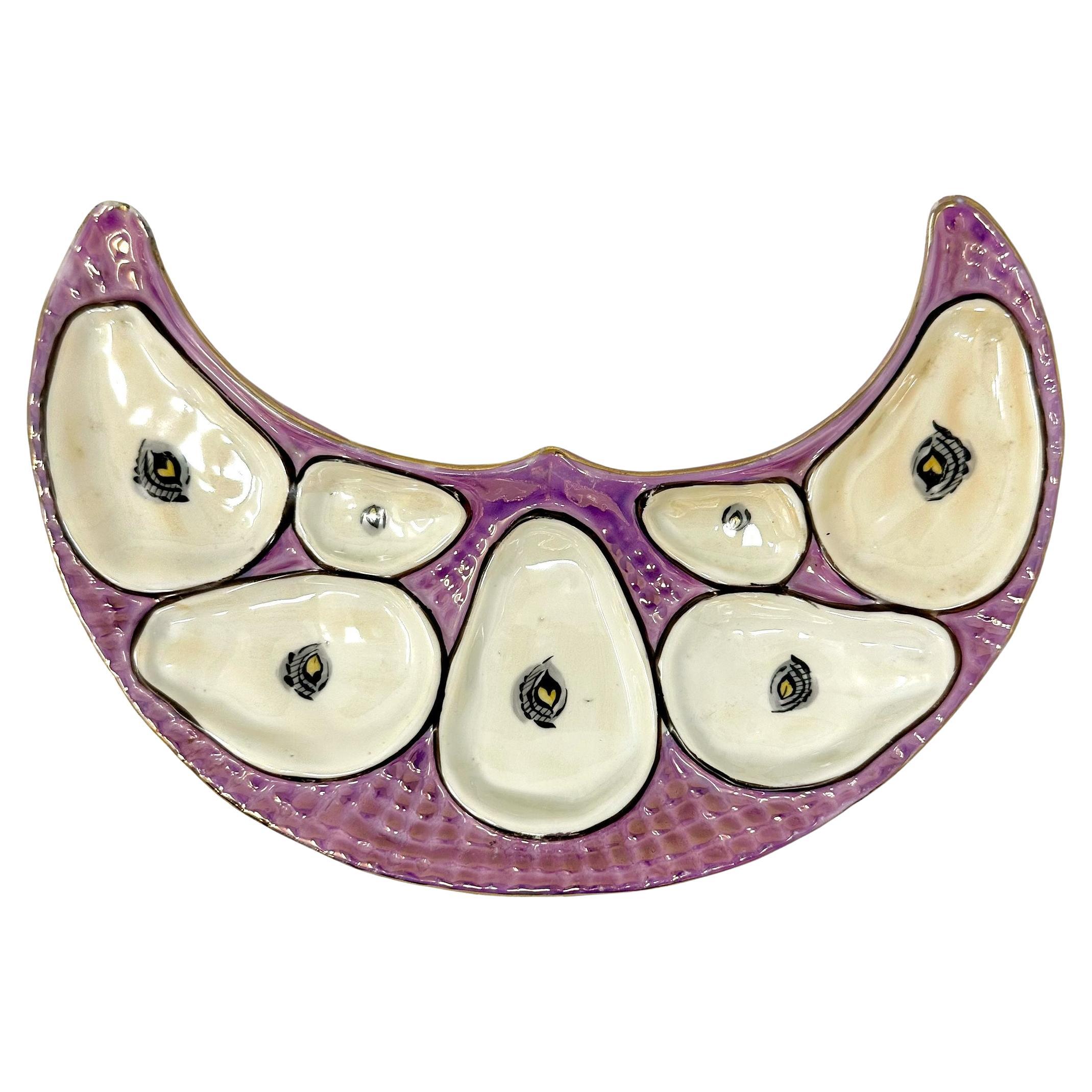 Ancienne assiette à huîtres en porcelaine continentale rose et or en forme de croissant, vers 1890 1890 en vente