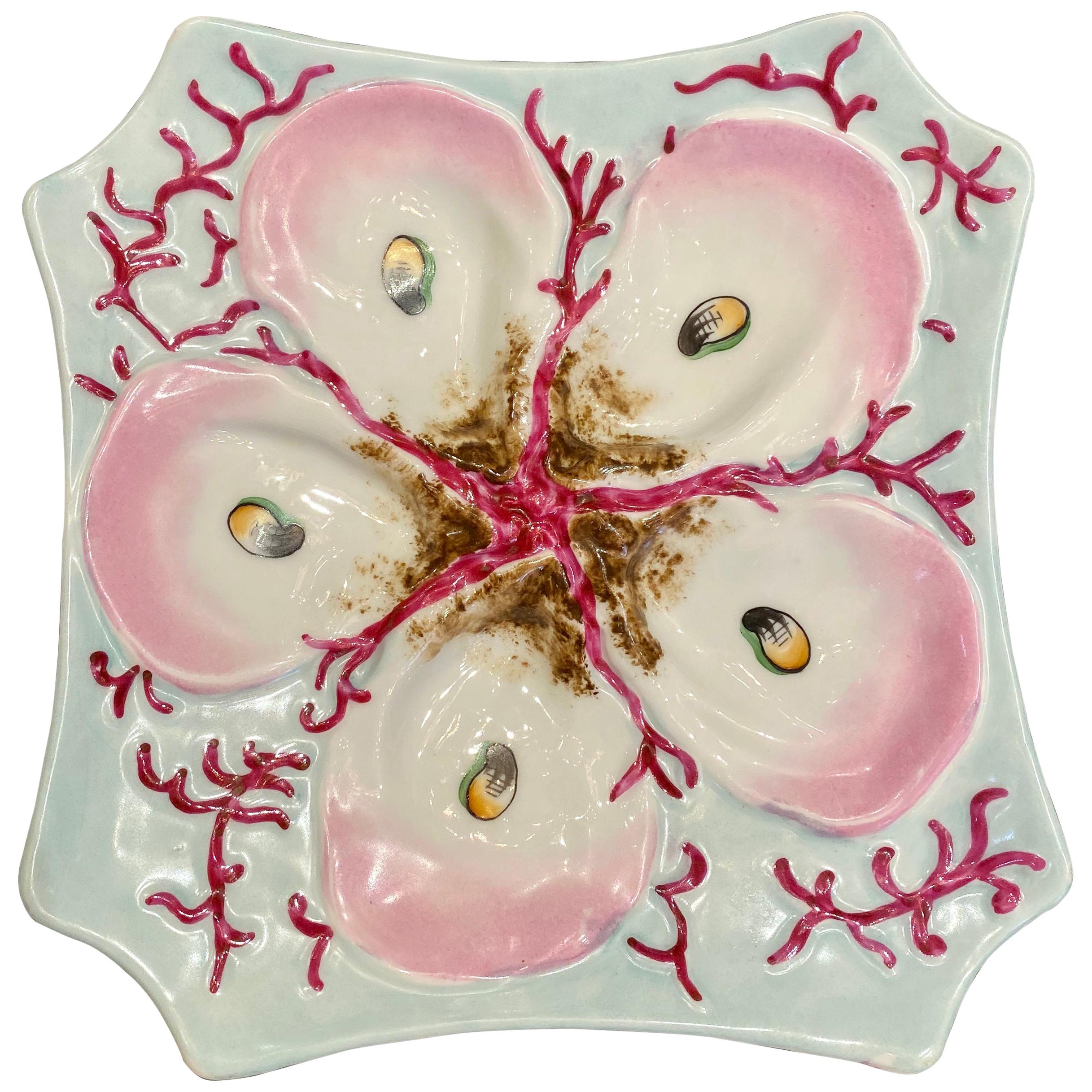 Antique Continental Porcelain Square Coral Pattern Oyster Plate, circa 1890