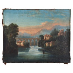 Antique Continental School Oil on Canvas Scenic Painting of Riverside C1890