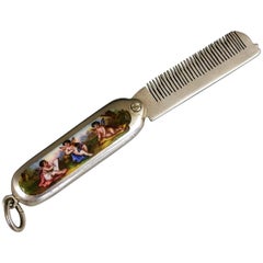 Antique Continental Silver and Enamel Moustache Comb, Winged Cherubs, circa 1900
