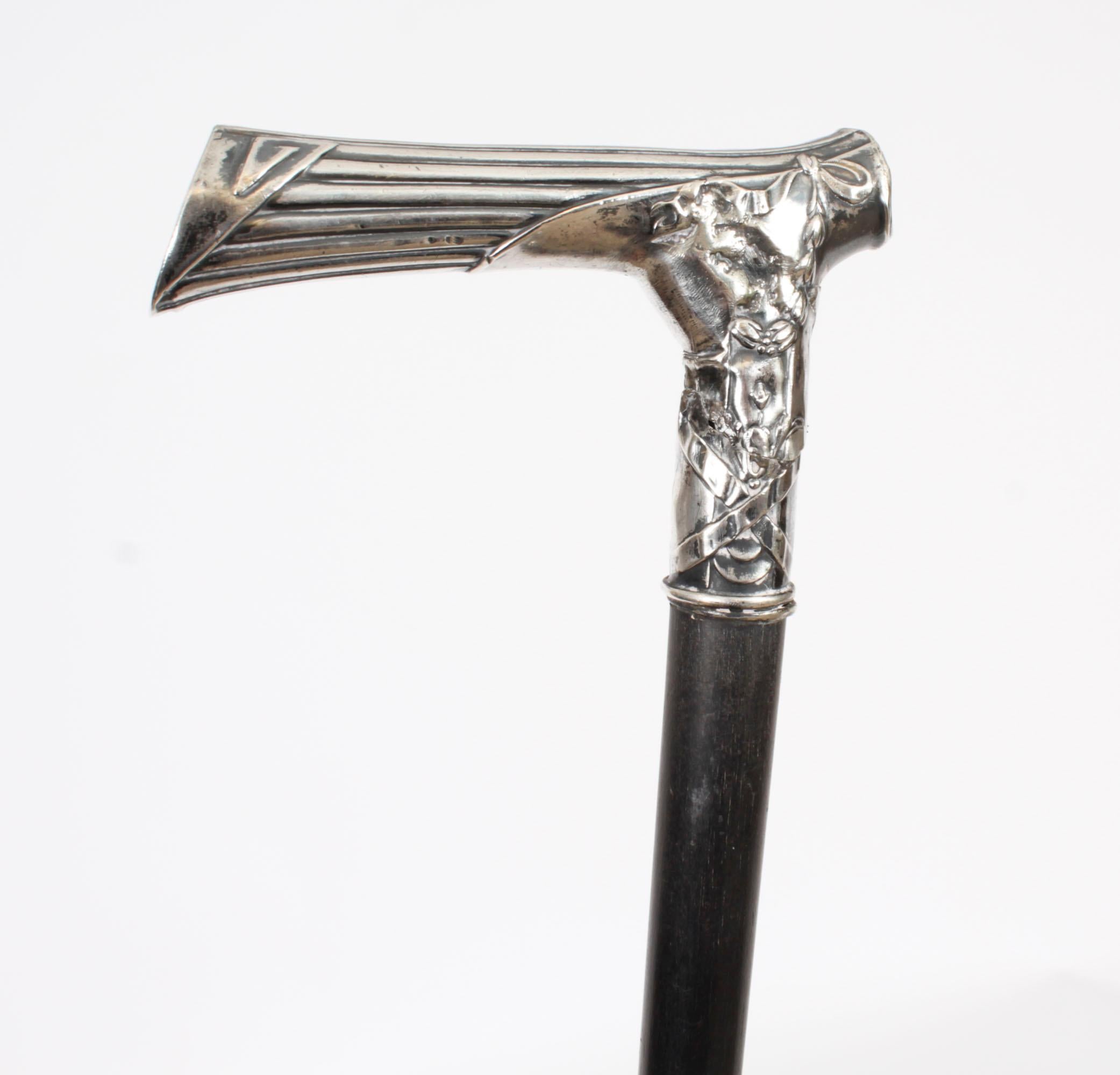 English Antique Continental Silver Ebonized Walking Cane Stick 19th Century