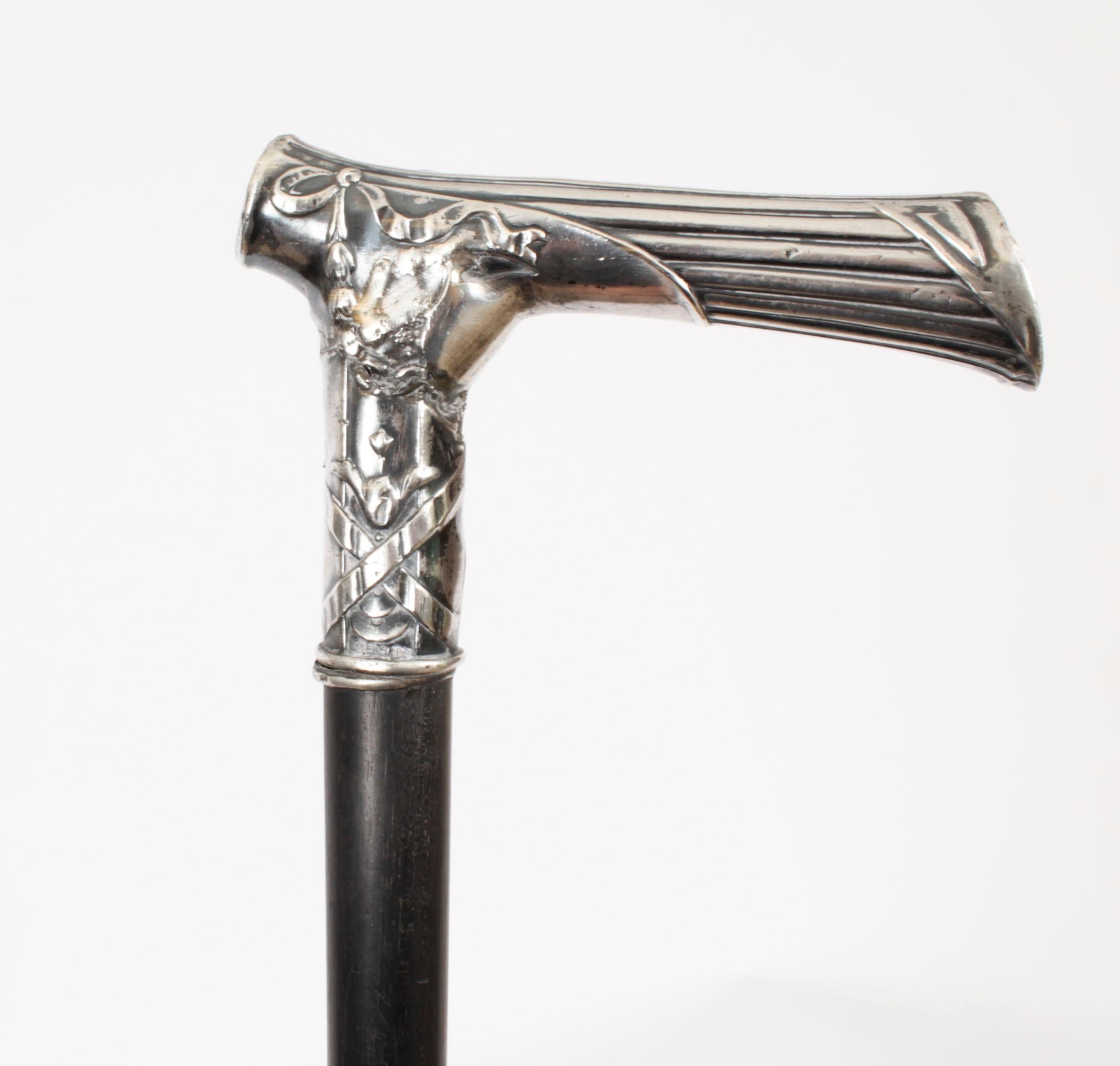 Antique Continental Silver Ebonized Walking Cane Stick 19th Century In Good Condition In London, GB
