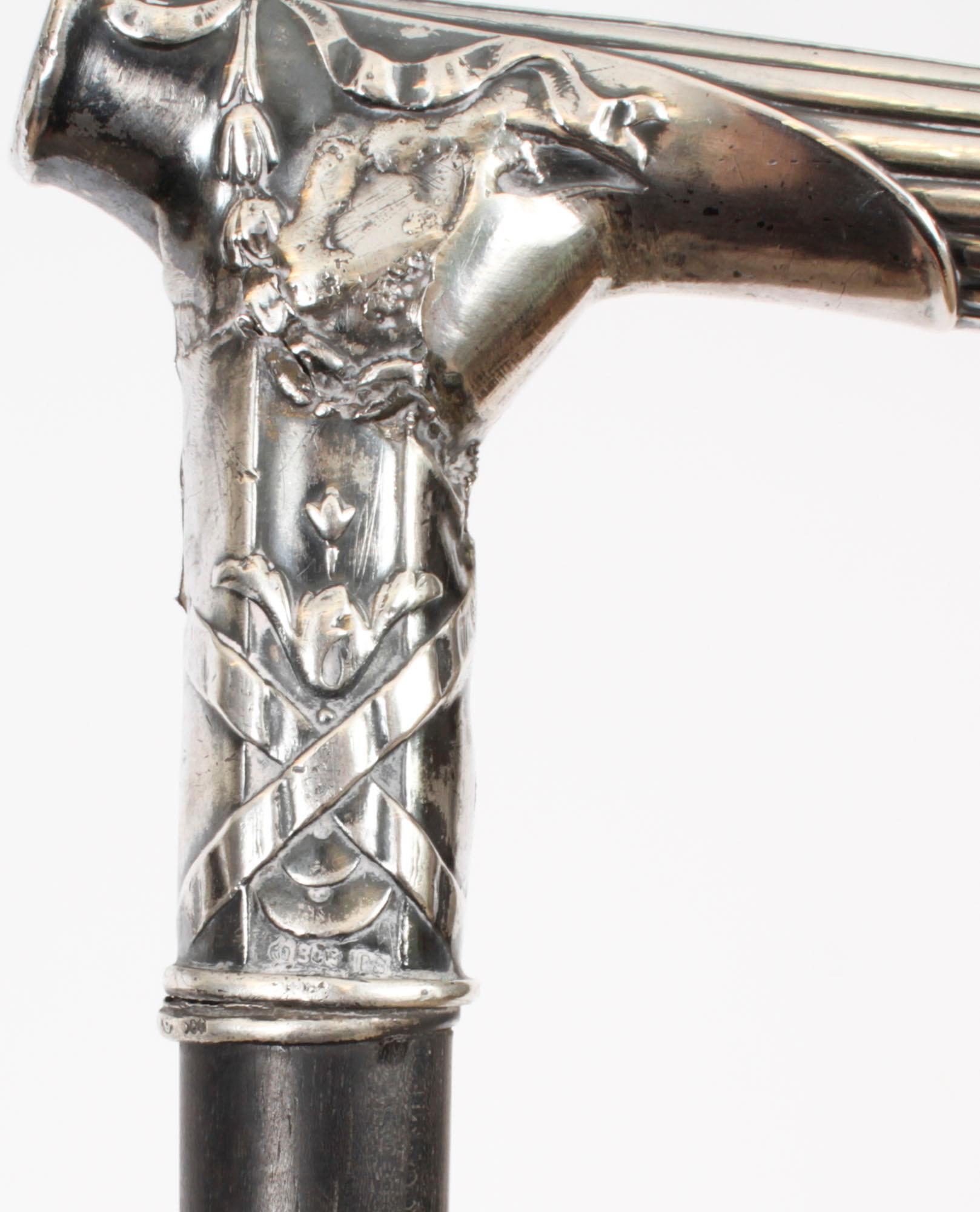 Late 19th Century Antique Continental Silver Ebonized Walking Cane Stick 19th Century