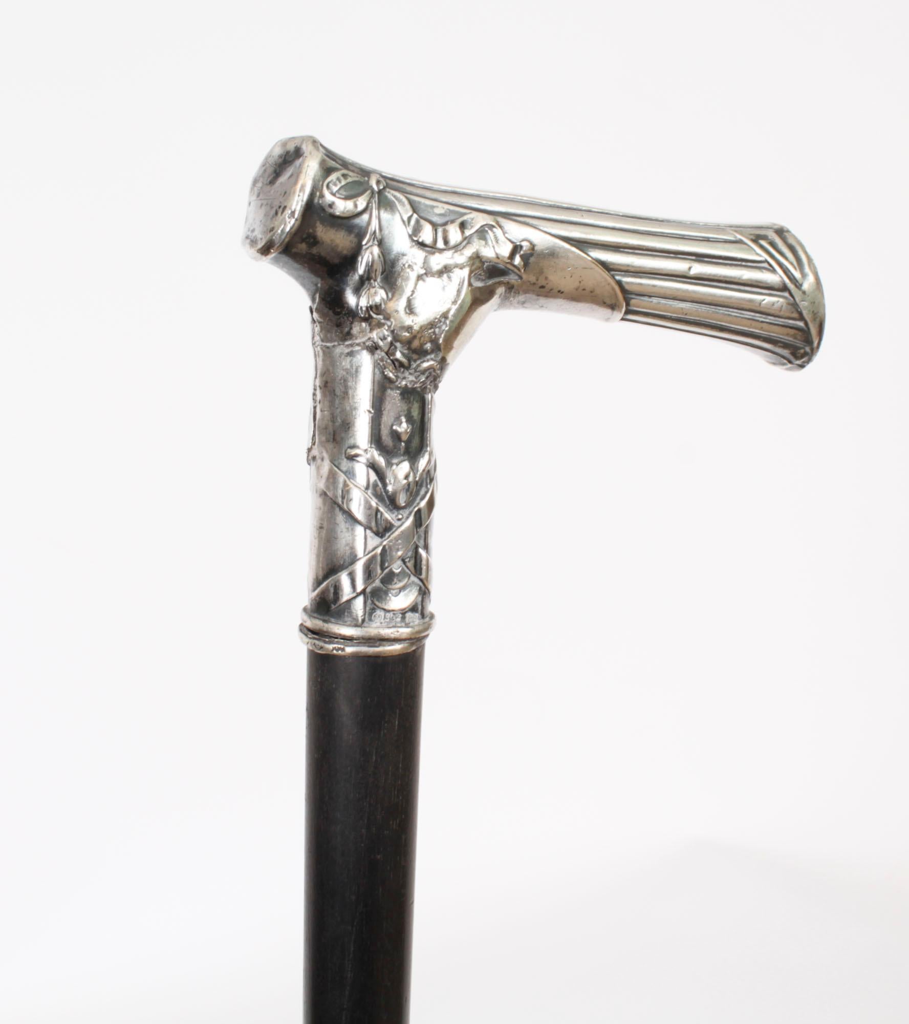 Antique Continental Silver Ebonized Walking Cane Stick 19th Century 1