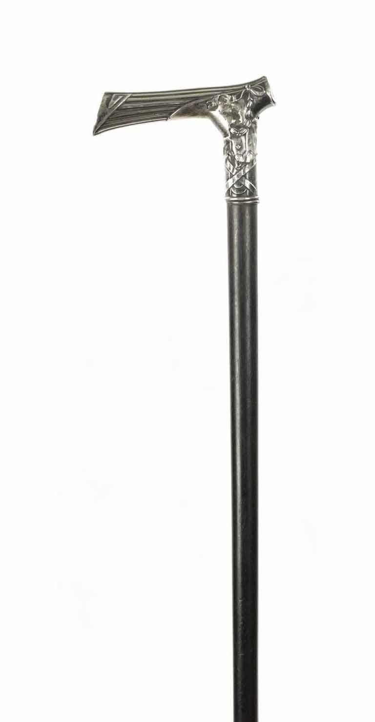 Antique Continental Silver Ebonized Walking Cane Stick 19th Century 2
