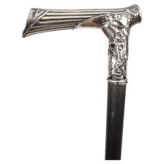 Antique Continental Silver Ebonized Walking Cane Stick 19th Century