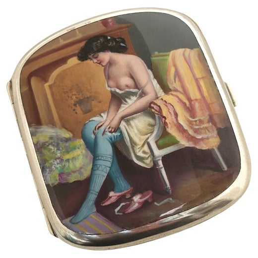 Antique Continental Silver & Enamel Erotic Cigarette Case c. 1920