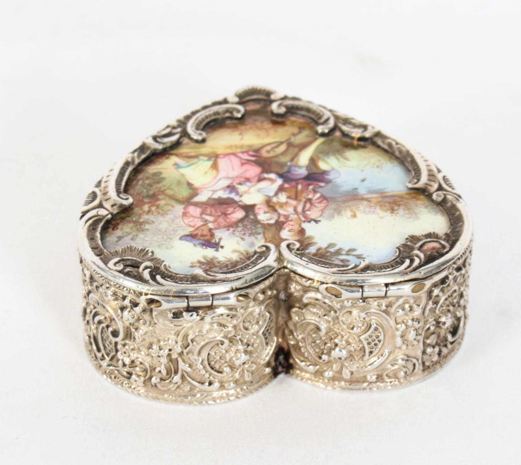 Antique Continental Silver & Enamel Heart Pill Box 20th Century 5
