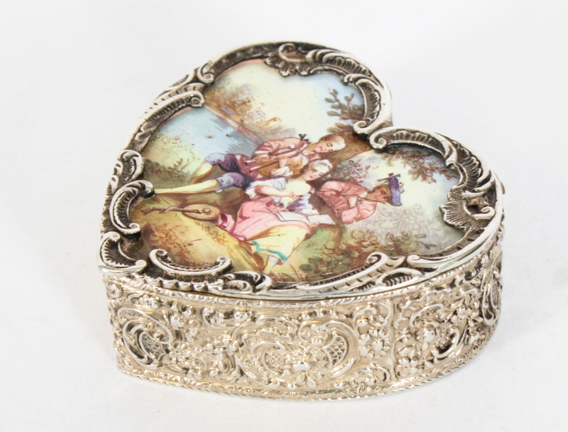Antique Continental Silver & Enamel Heart Pill Box 20th Century 6