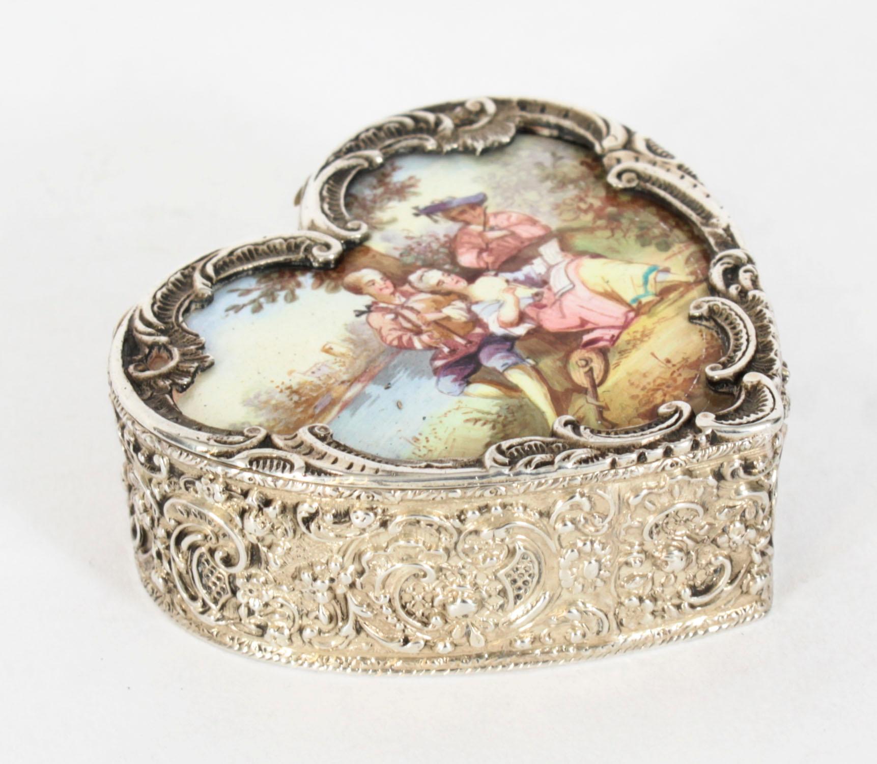 European Antique Continental Silver & Enamel Heart Pill Box 20th Century