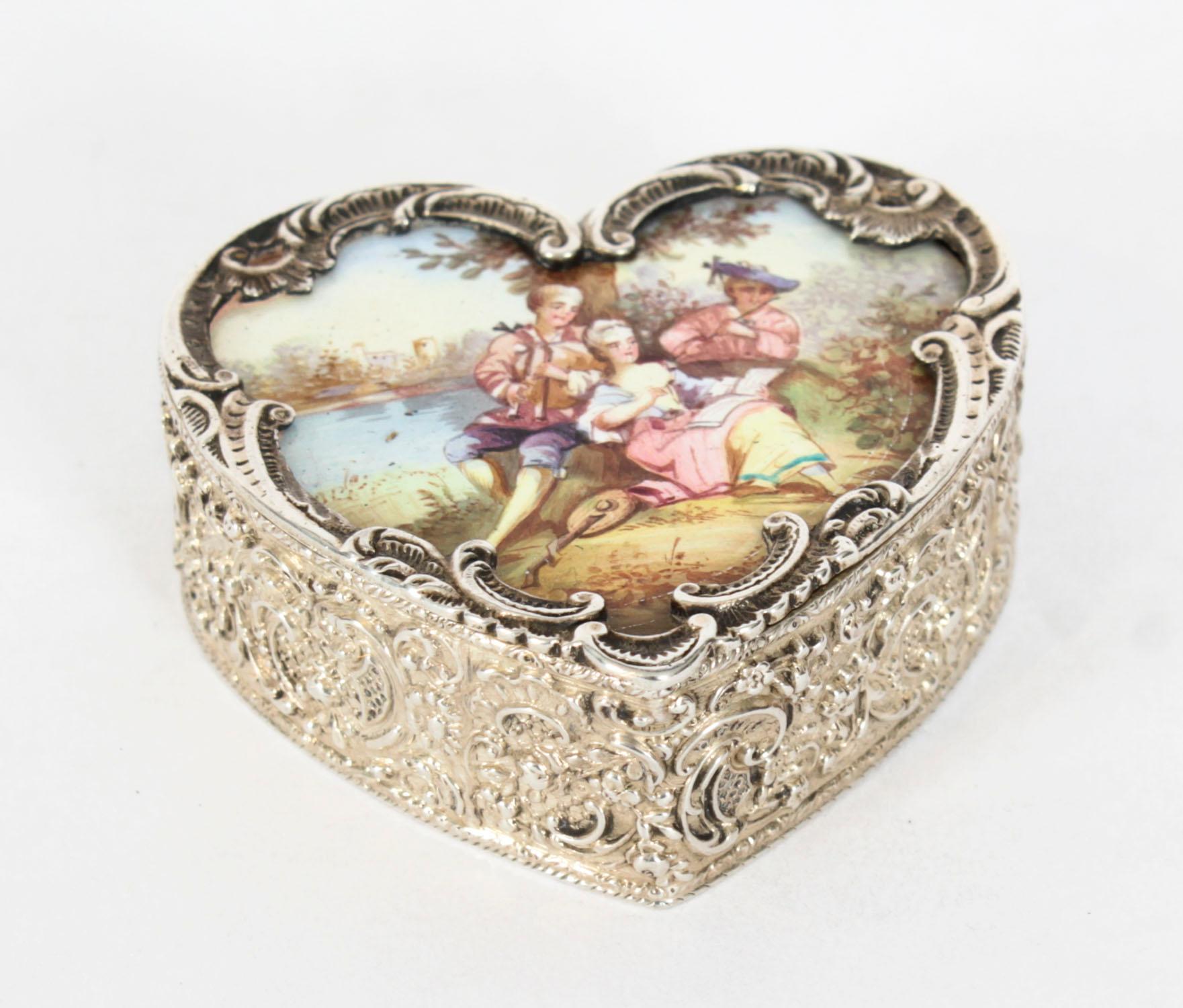 Enameled Antique Continental Silver & Enamel Heart Pill Box 20th Century