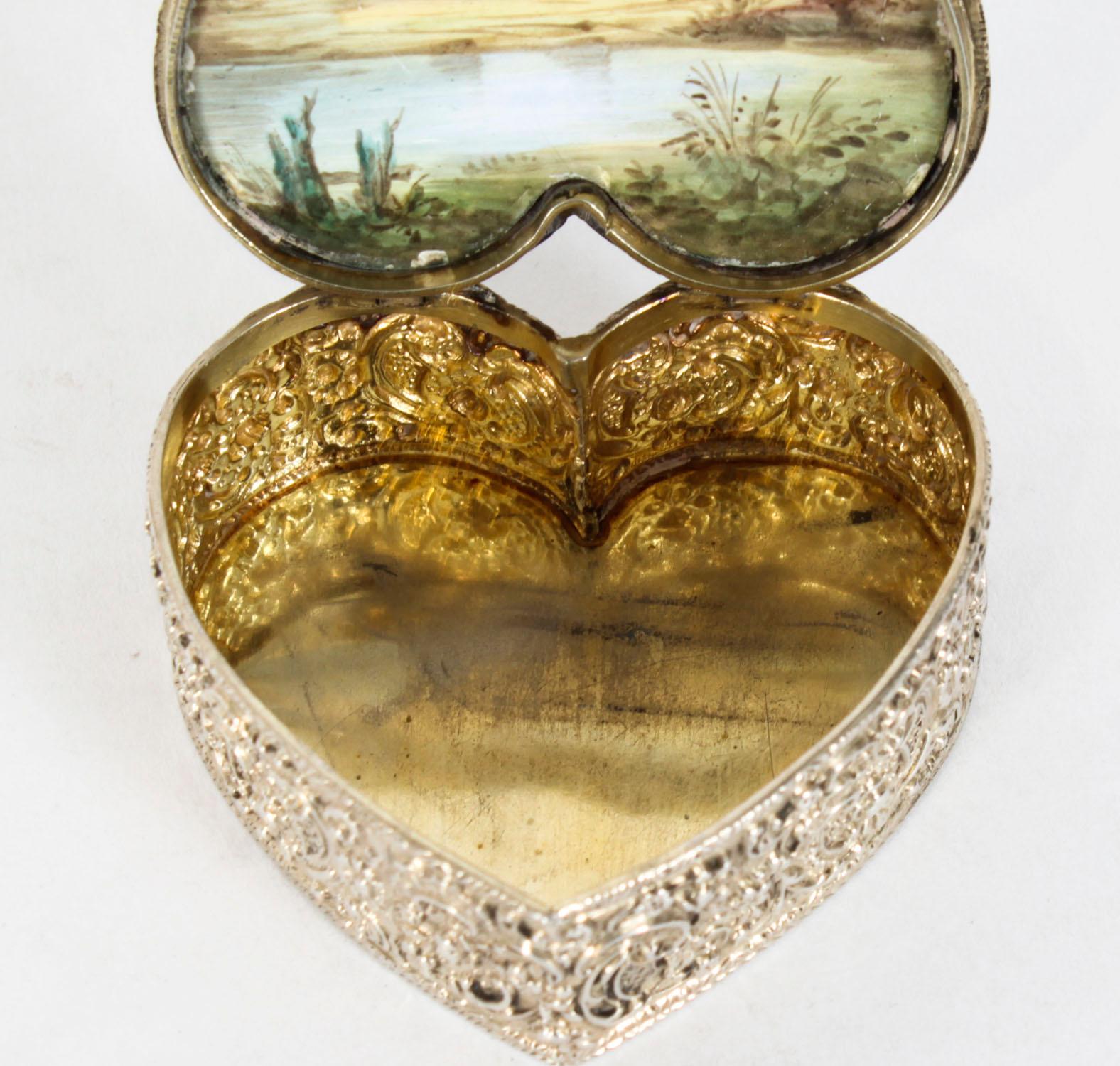 Antique Continental Silver & Enamel Heart Pill Box 20th Century 1