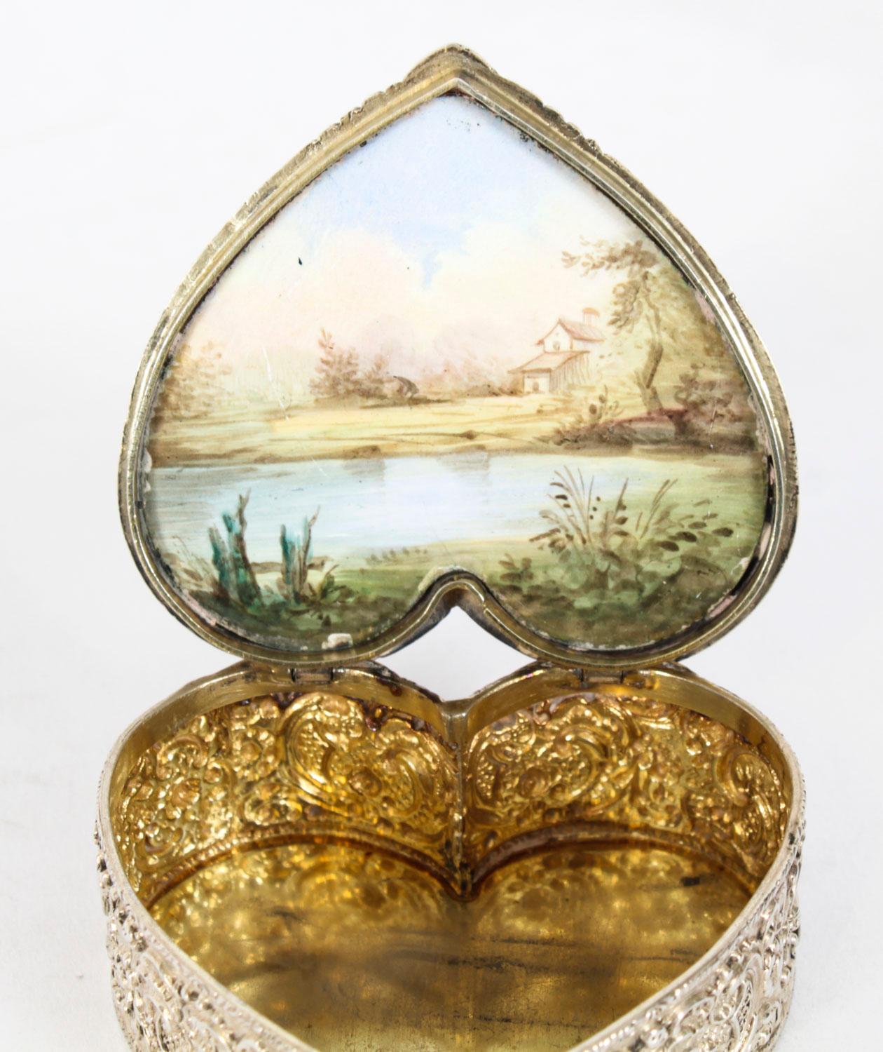 Antique Continental Silver & Enamel Heart Pill Box 20th Century 2