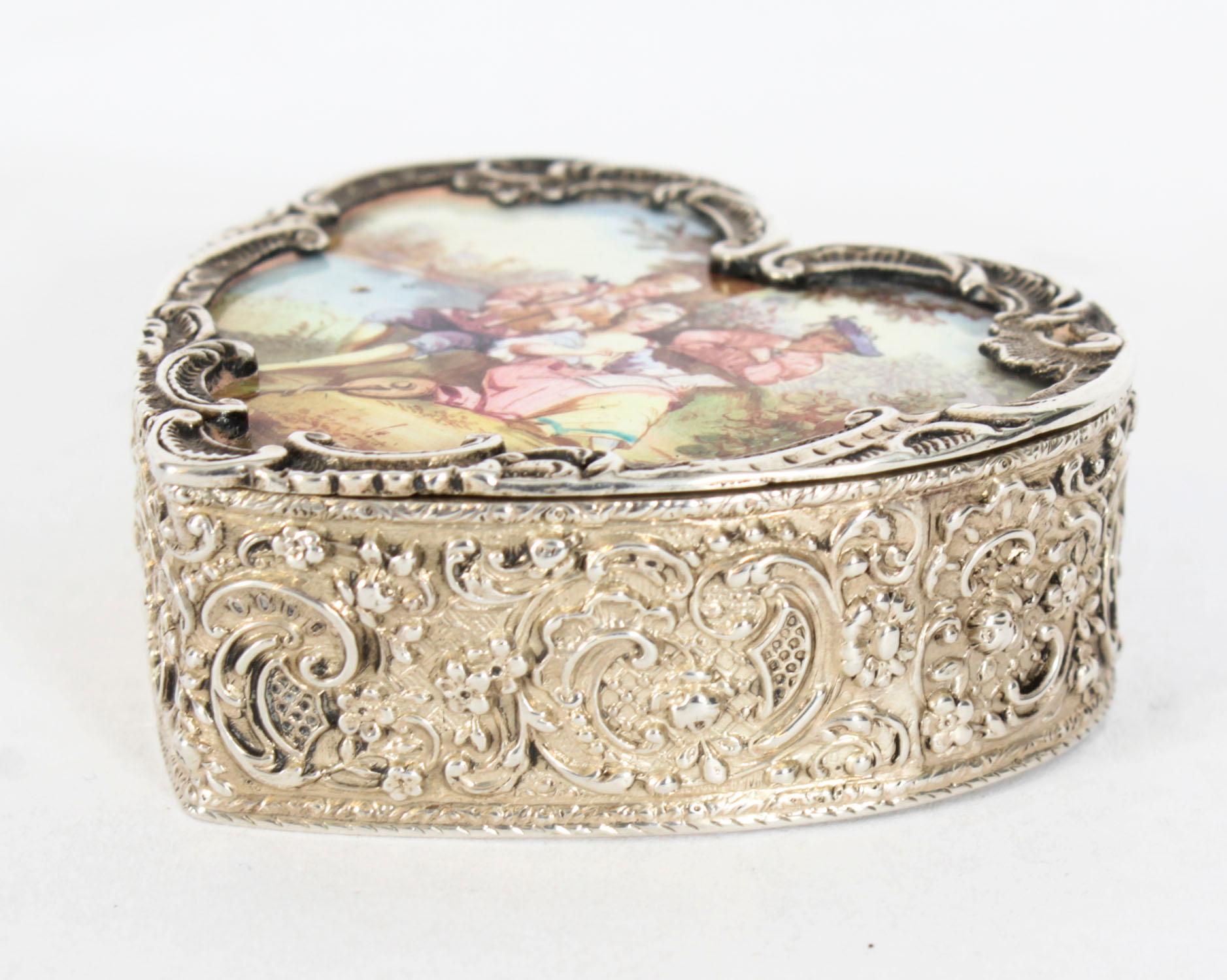 Antique Continental Silver & Enamel Heart Pill Box 20th Century 3