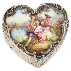 Antique Continental Silver & Enamel Heart Pill Box 20th Century