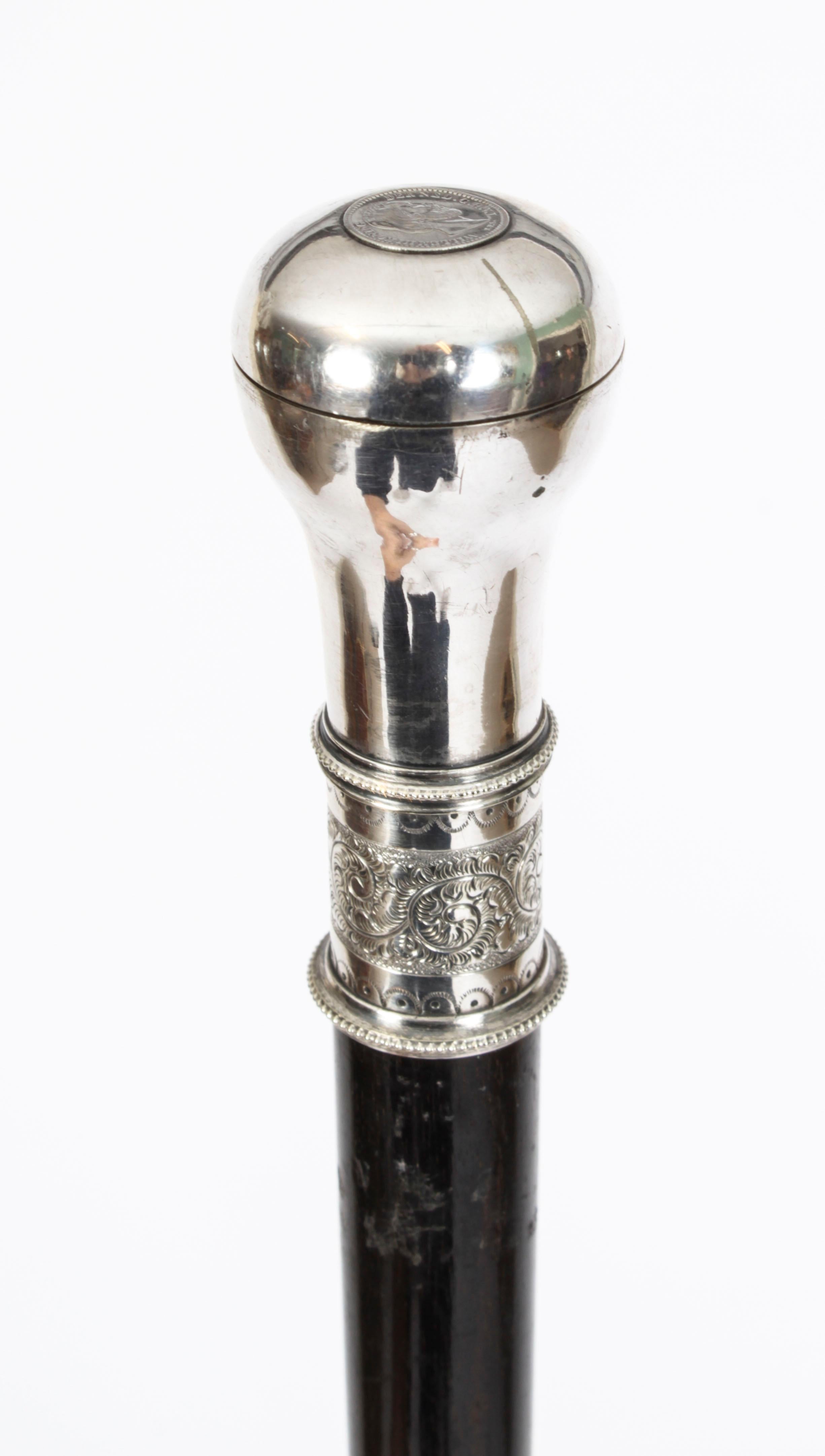 Antique Continental Silver Mounted Walking Stick Cane 19th C In Good Condition In London, GB