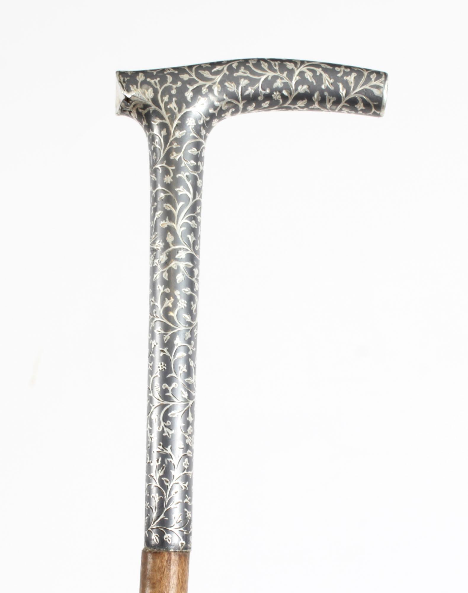 Antique Continental Silver Niello Walking Stick Cane 19th Century In Good Condition In London, GB