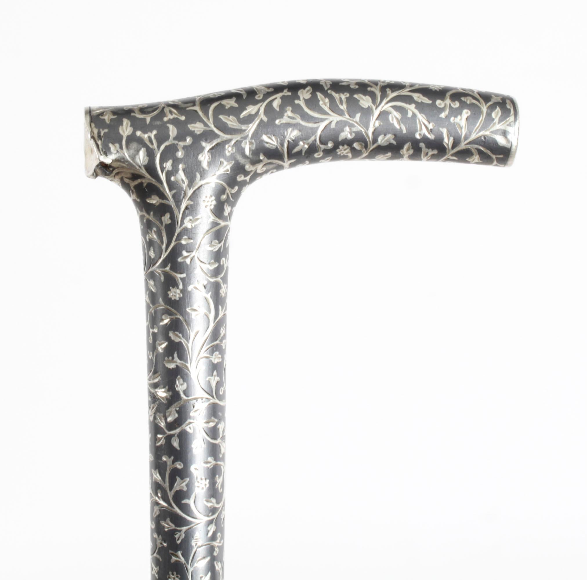 Antique Continental Silver Niello Walking Stick Cane 19th Century 1
