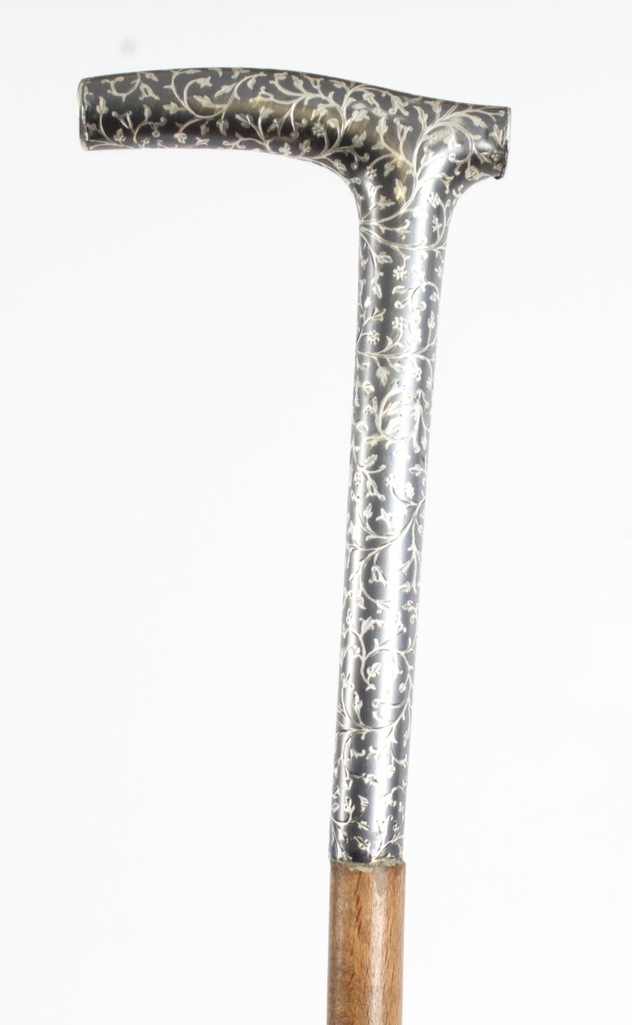 Antique Continental Silver Niello Walking Stick Cane 19th Century 3