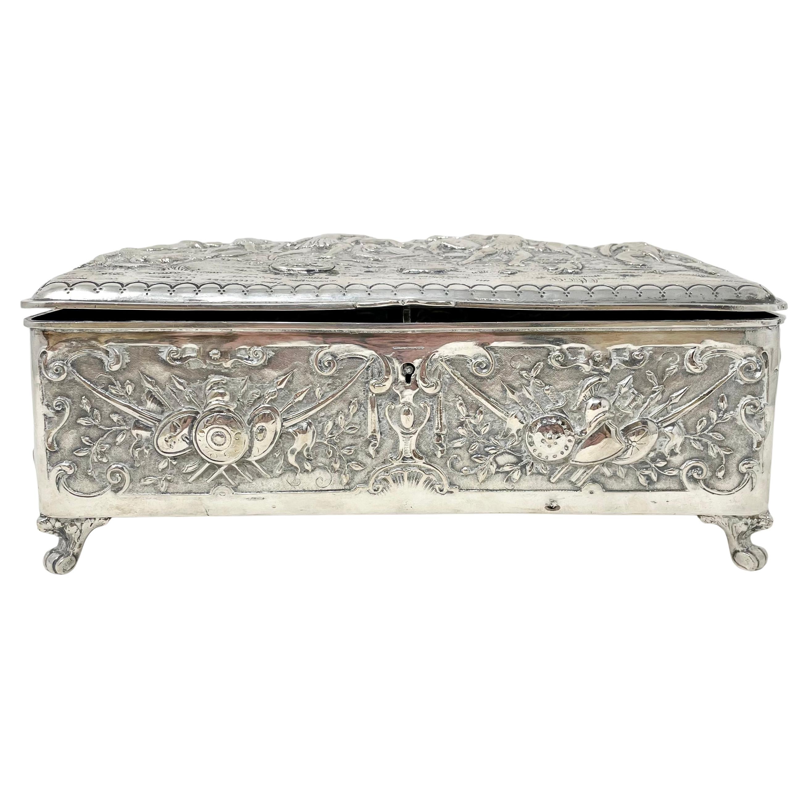 Antique continental silver repousse jewel box, circa 1875-1895.