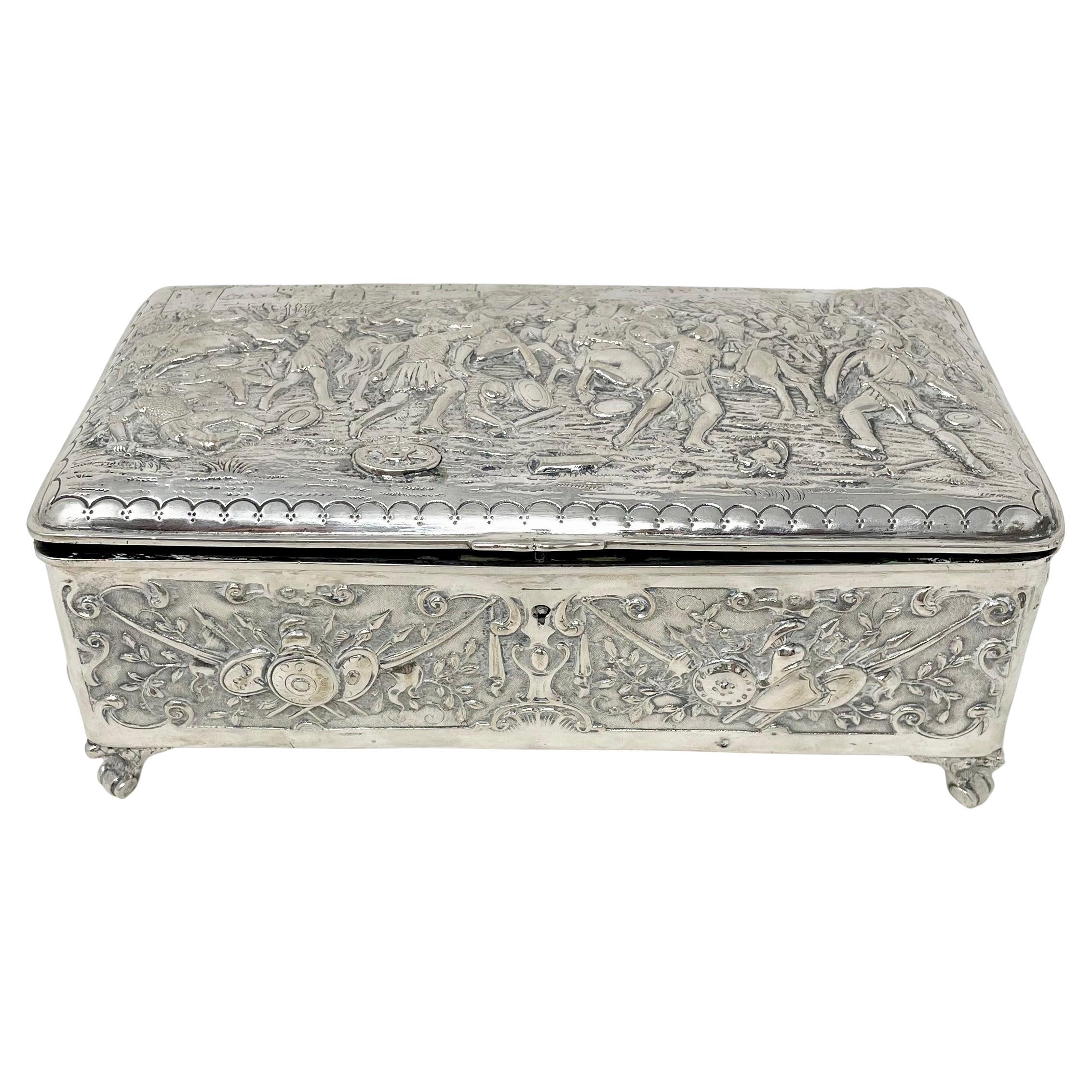 European Antique Continental Silver Repousse Jewel Box, Circa 1875-1895. For Sale