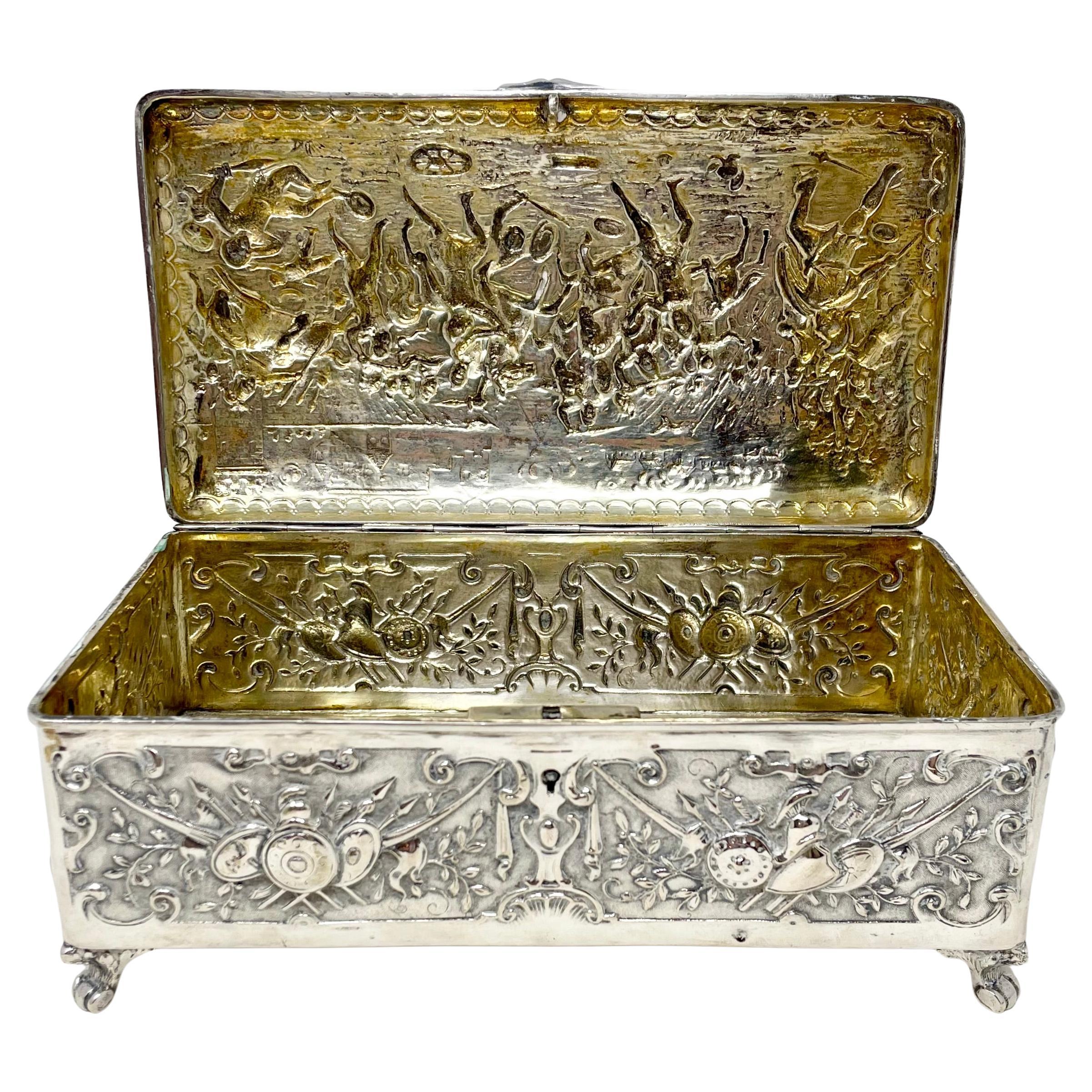 19th Century Antique Continental Silver Repousse Jewel Box, Circa 1875-1895. For Sale