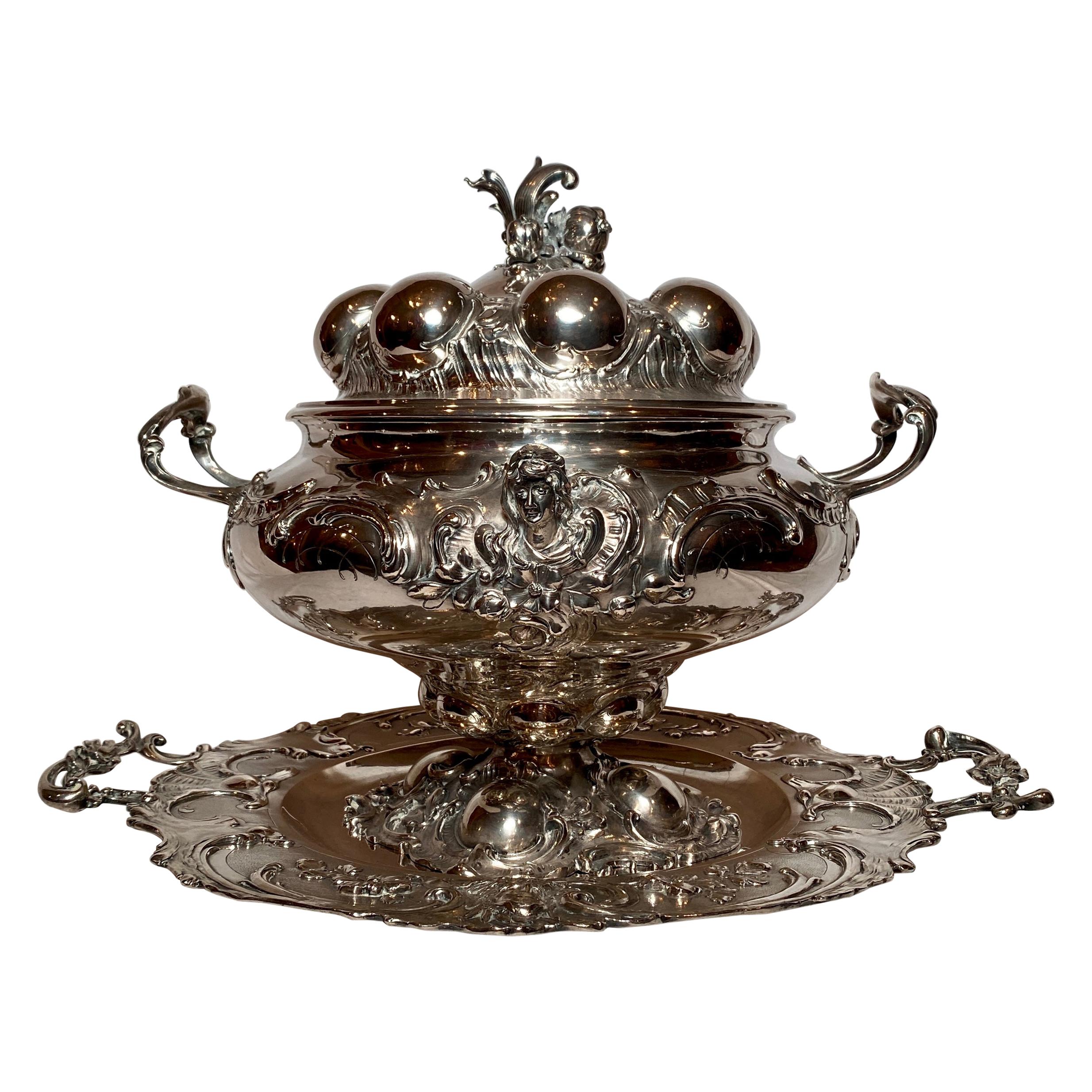 Antique Continental Silver Tureen and Platter, Circa 1880-1890 For Sale