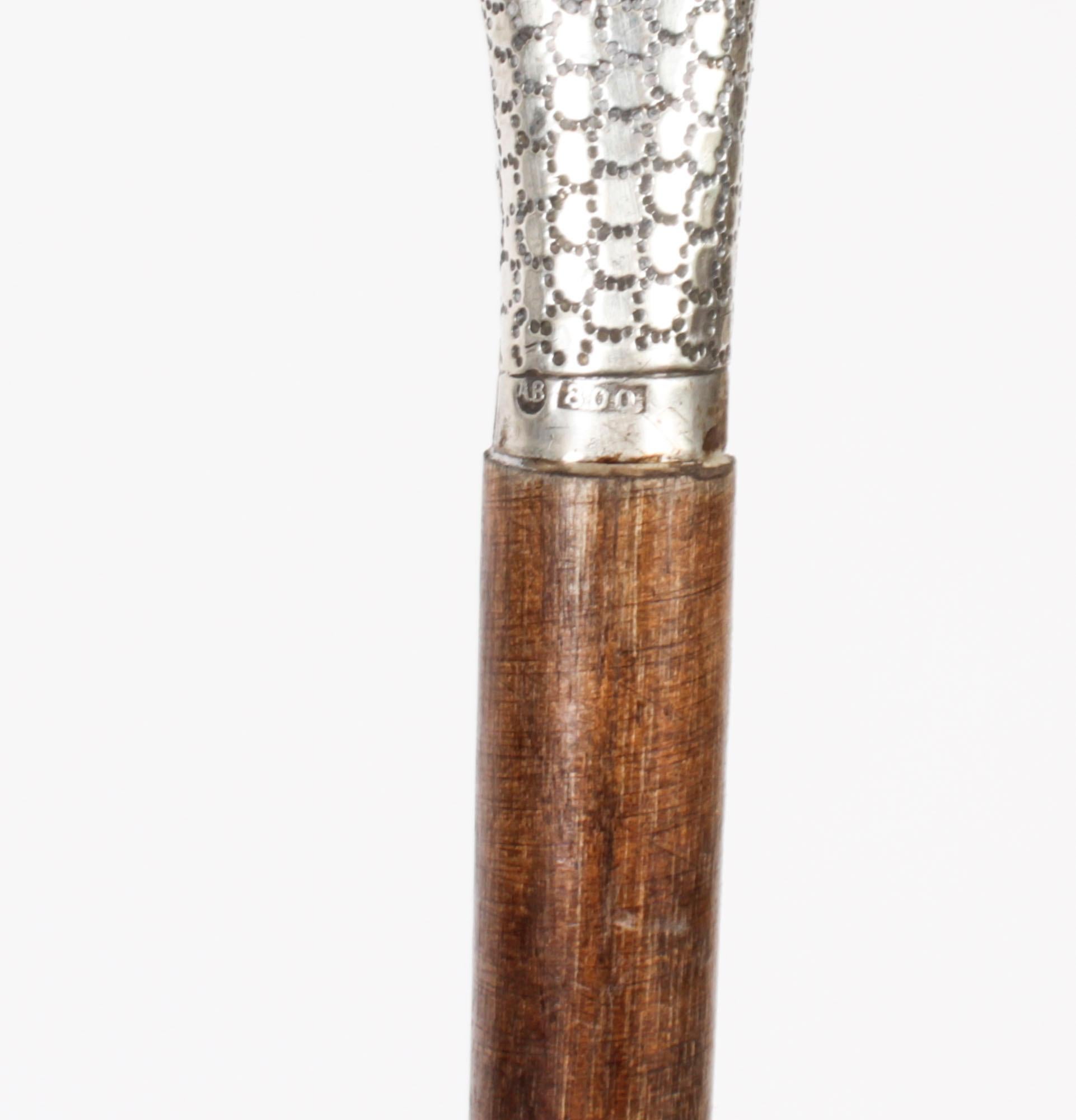English Antique Continental Silver Walking Stick 19th Century Circa 1880