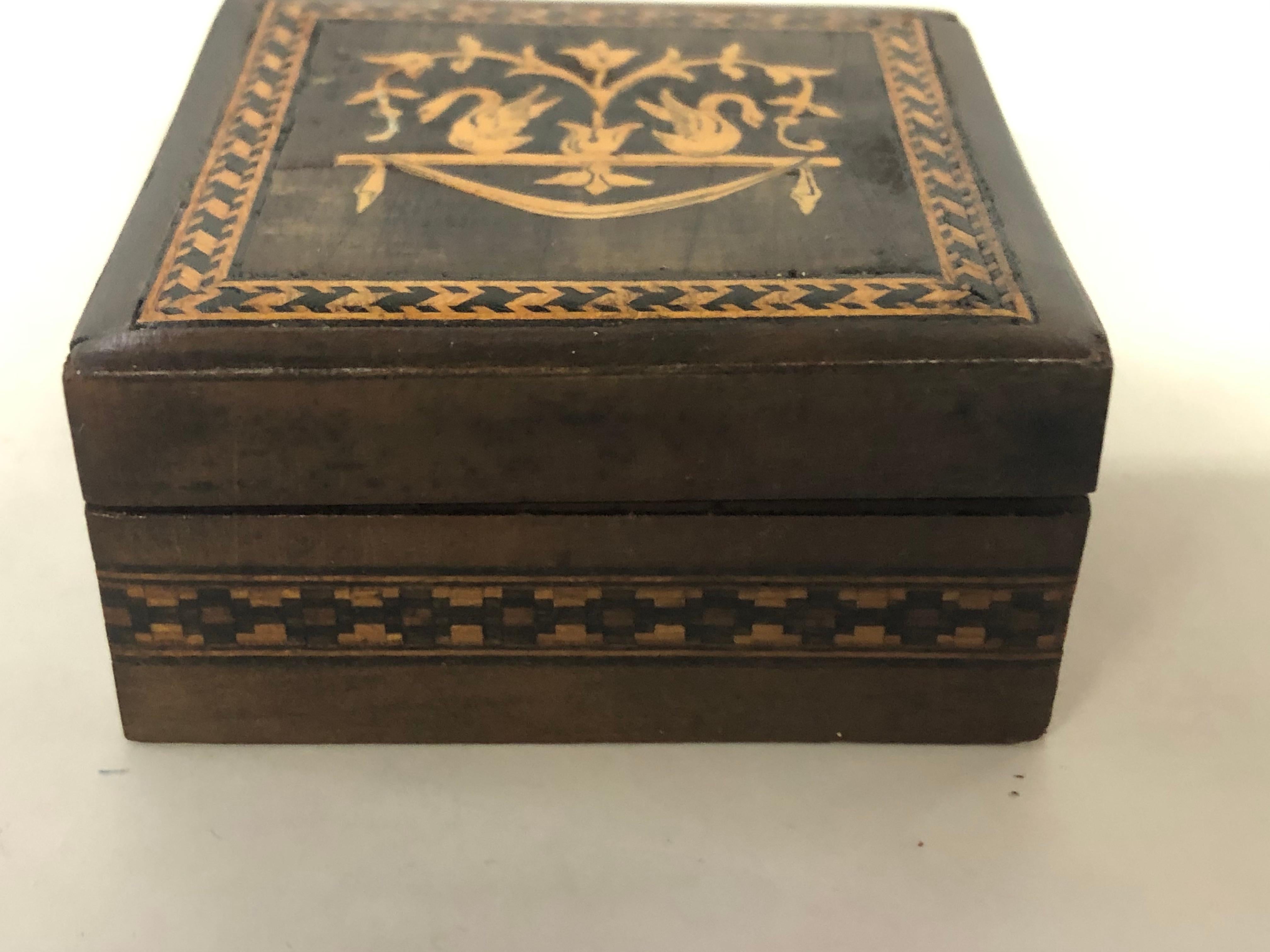 Inlay Antique Continental Square Marquetry Inlaid Walnut Trinket Box or Snuff Box