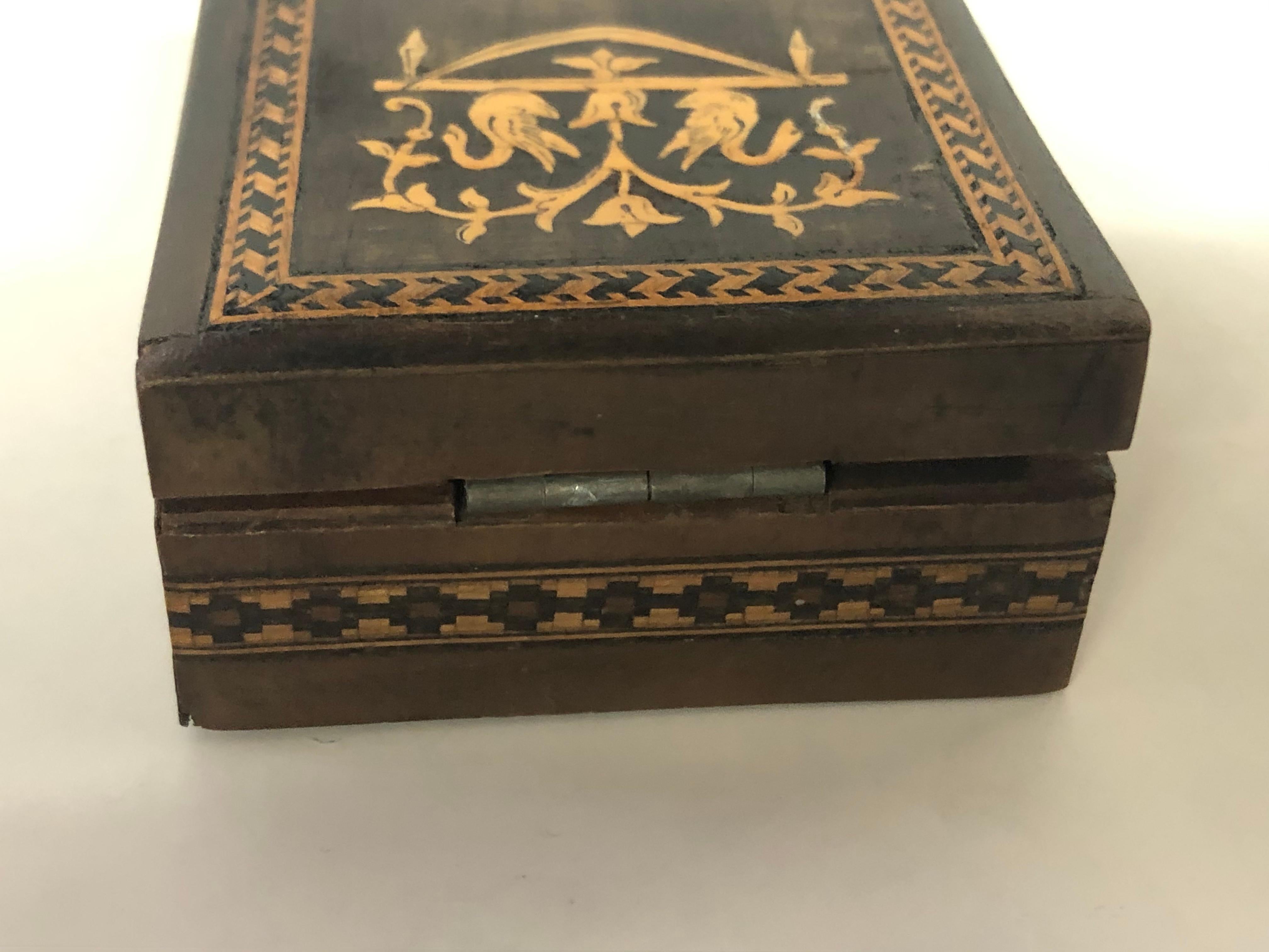 19th Century Antique Continental Square Marquetry Inlaid Walnut Trinket Box or Snuff Box