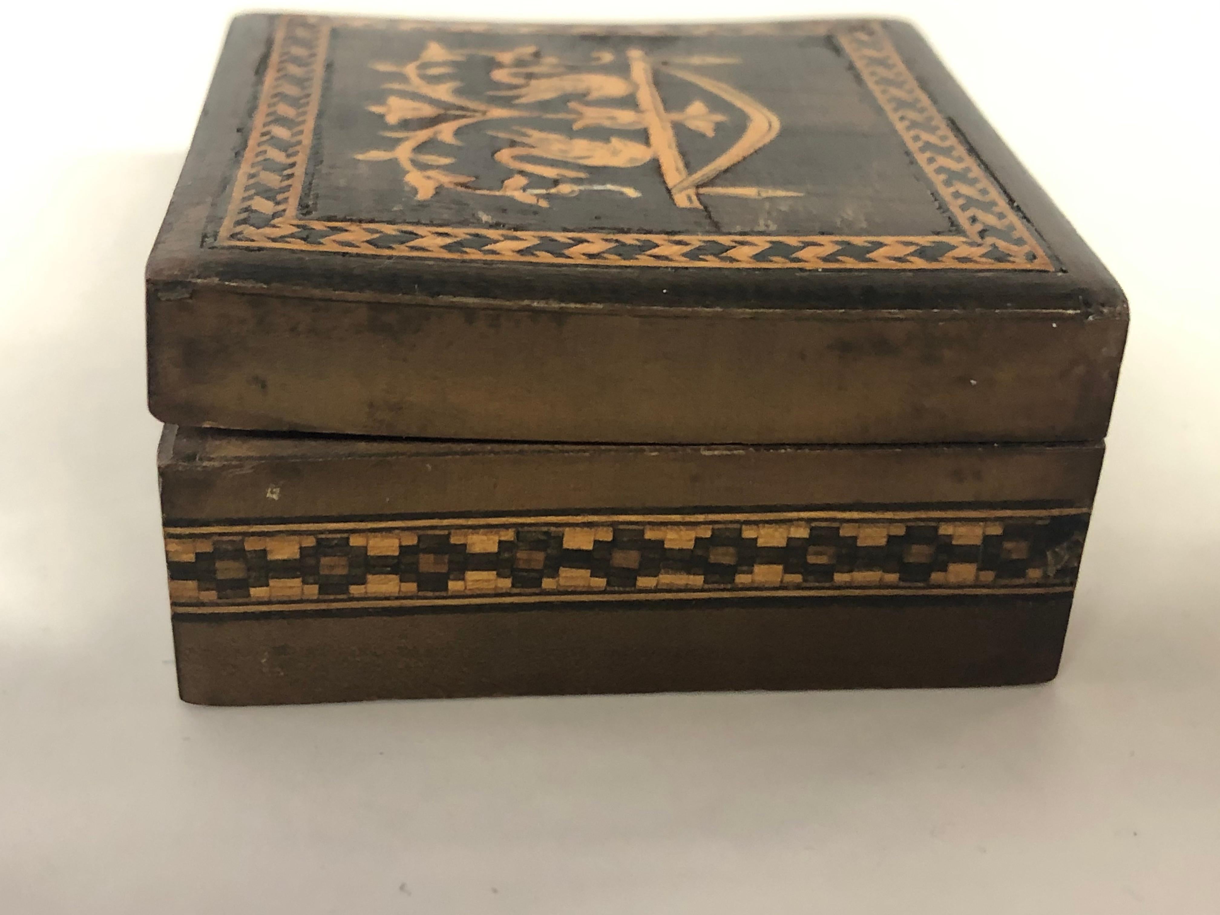 Satinwood Antique Continental Square Marquetry Inlaid Walnut Trinket Box or Snuff Box