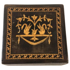 Antique Continental Square Marquetry Inlaid Walnut Trinket Box or Snuff Box