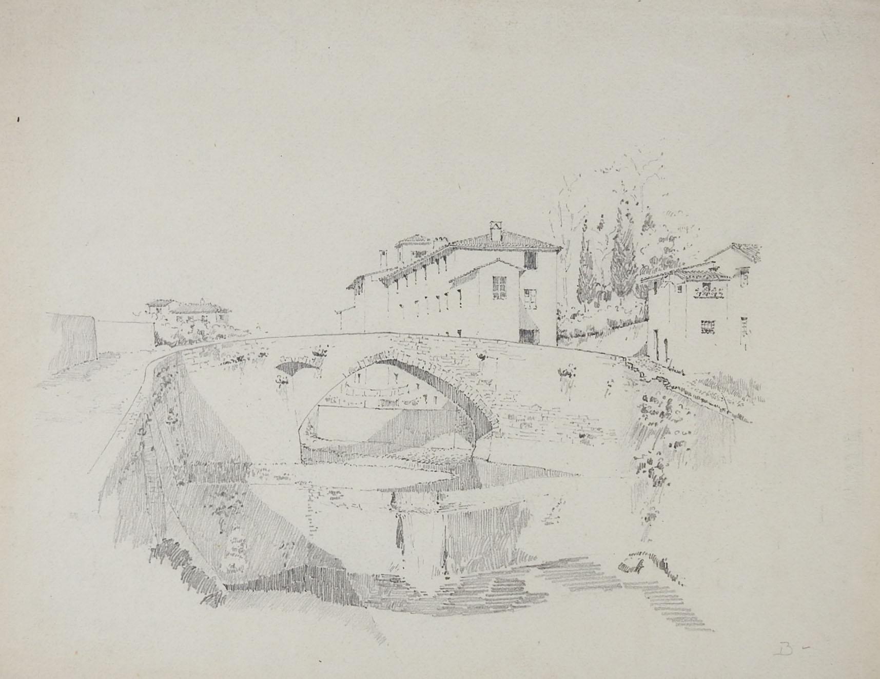 Antique circa 1900 pencil on paper architectural class study drawing of stone bridge and surrounding stucco and tile roofed buildings. Signed R. H. Pearce lower right corner. Unframed, age toning, edge wear.