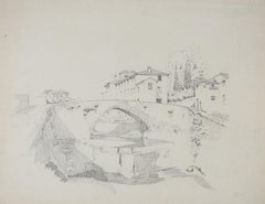 Antique Continental Stone Bridge & Town Drawing