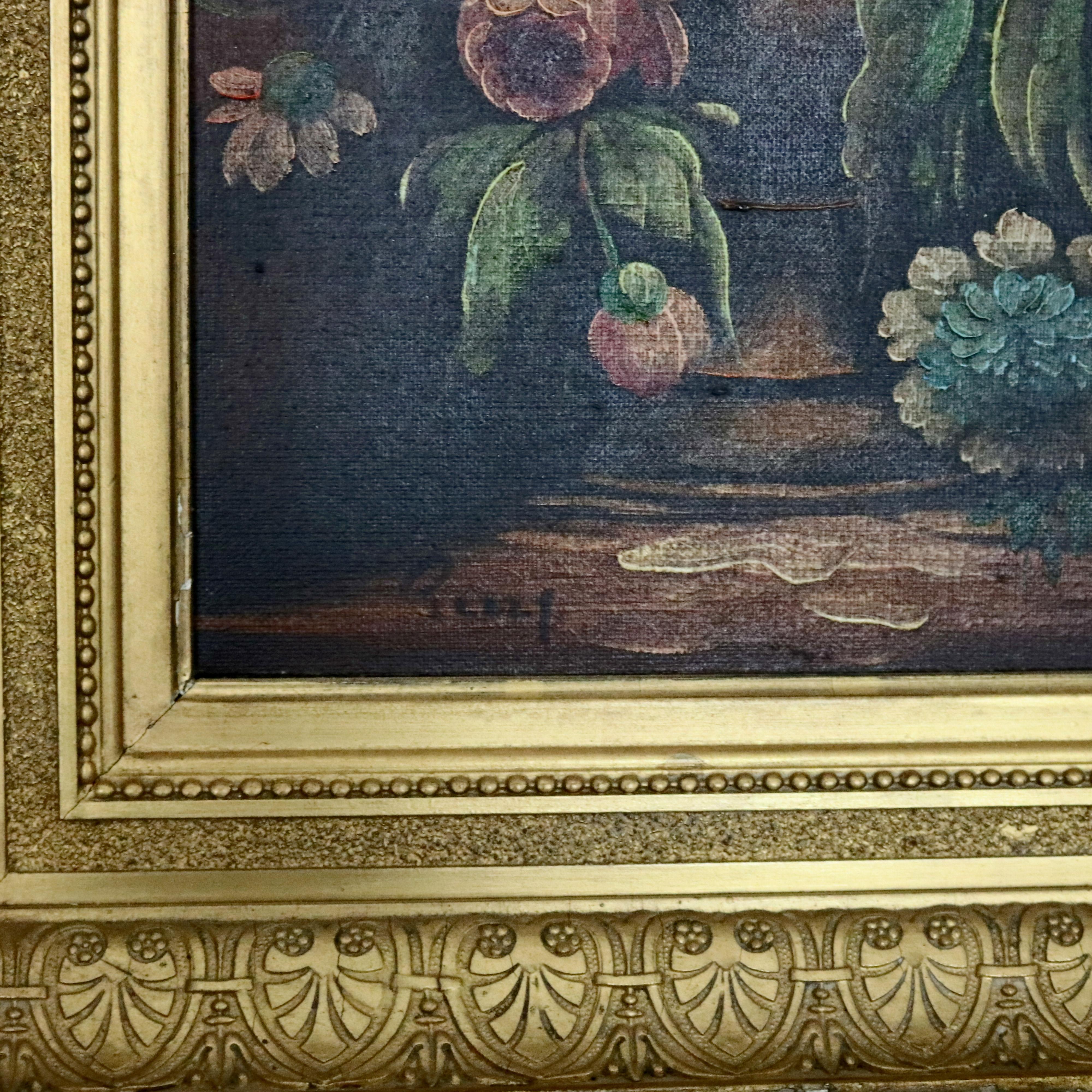 Giltwood Antique Continental Style Oil Floral Still Life Oil on Canvas by Perry