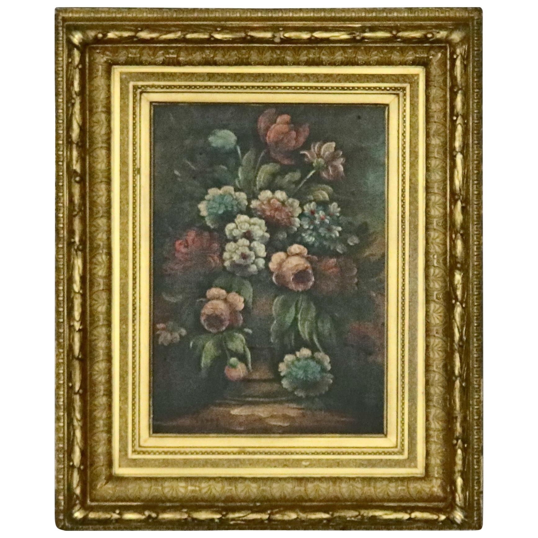 Antique Continental Style Oil Floral Still Life Oil on Canvas by Perry