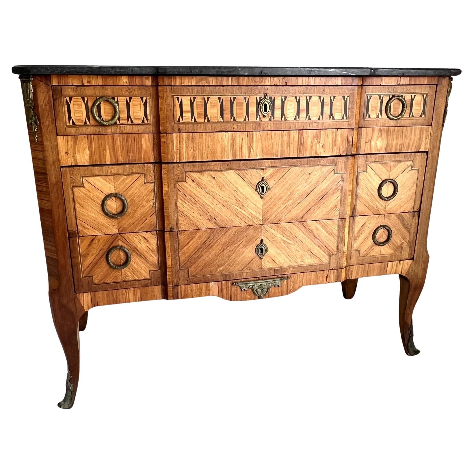 Antique Continental Transition Style Parquetry and Marble Chest of Drawers