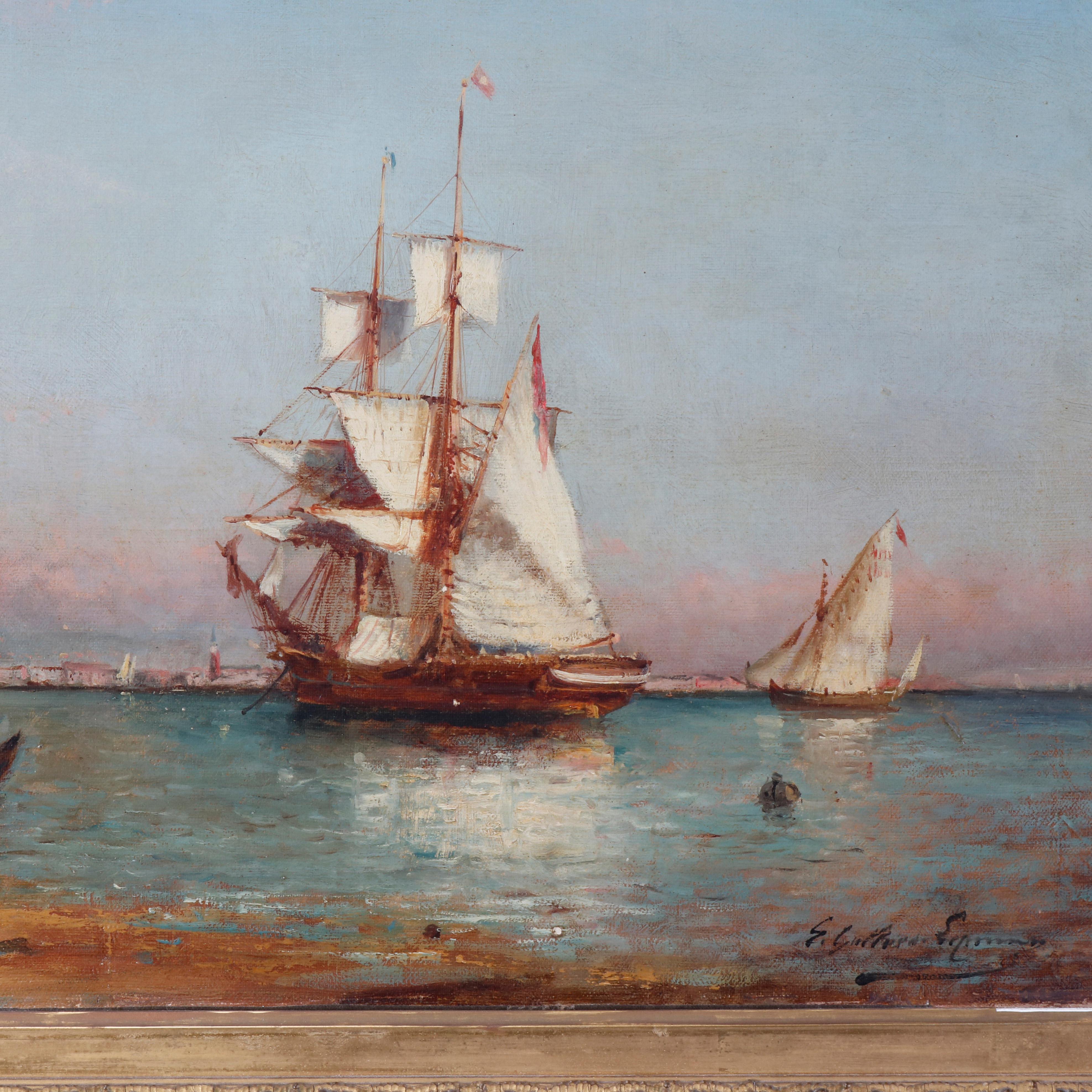 An antique painting, well executed continental oil on canvas of Venetian harbor scene with sailing ships, artist-signed, seated in ornate giltwood frame, circa 1890.

Measures: 24