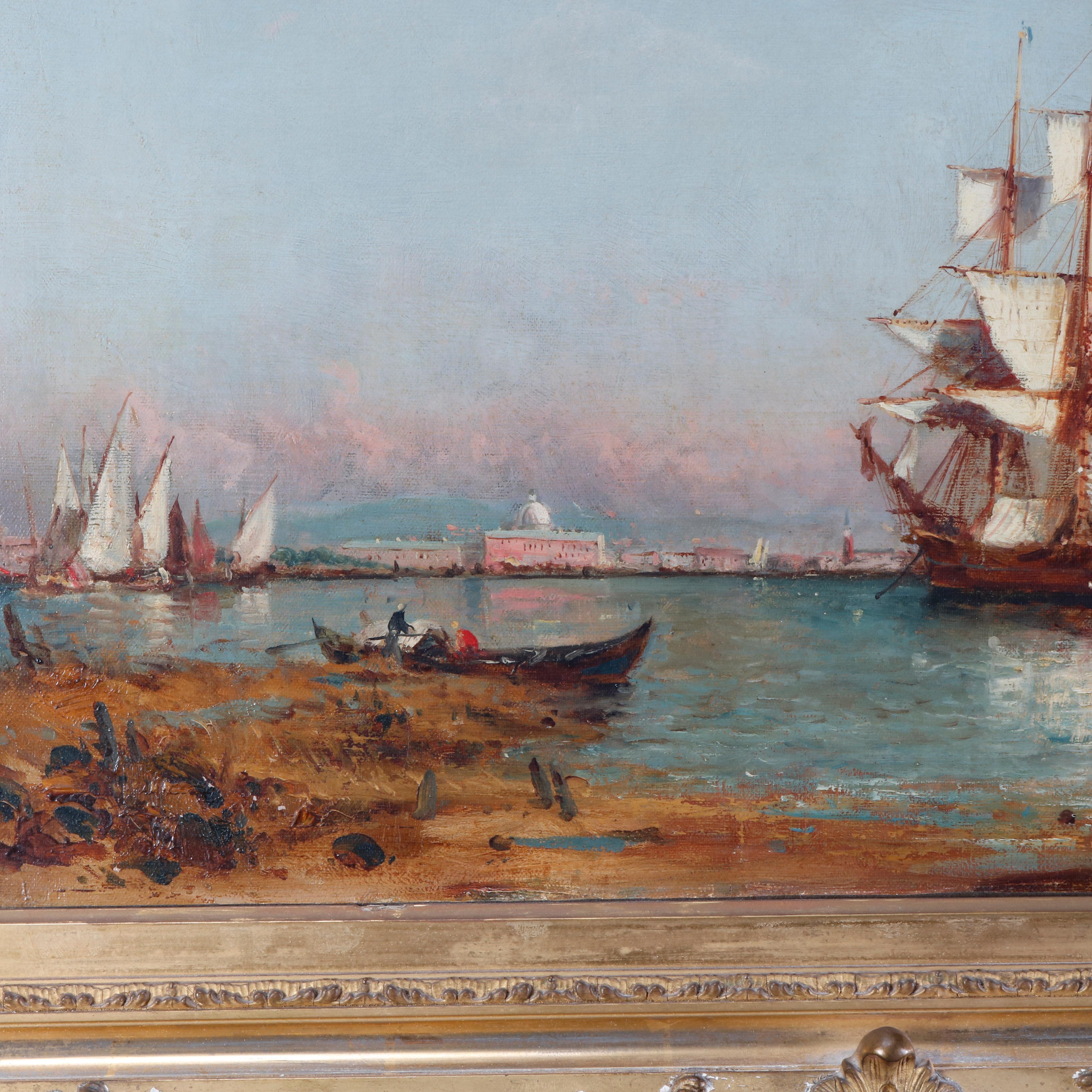 Hand-Painted Antique Continental Venetian Harbor Scene, Artist Signed, circa 1890