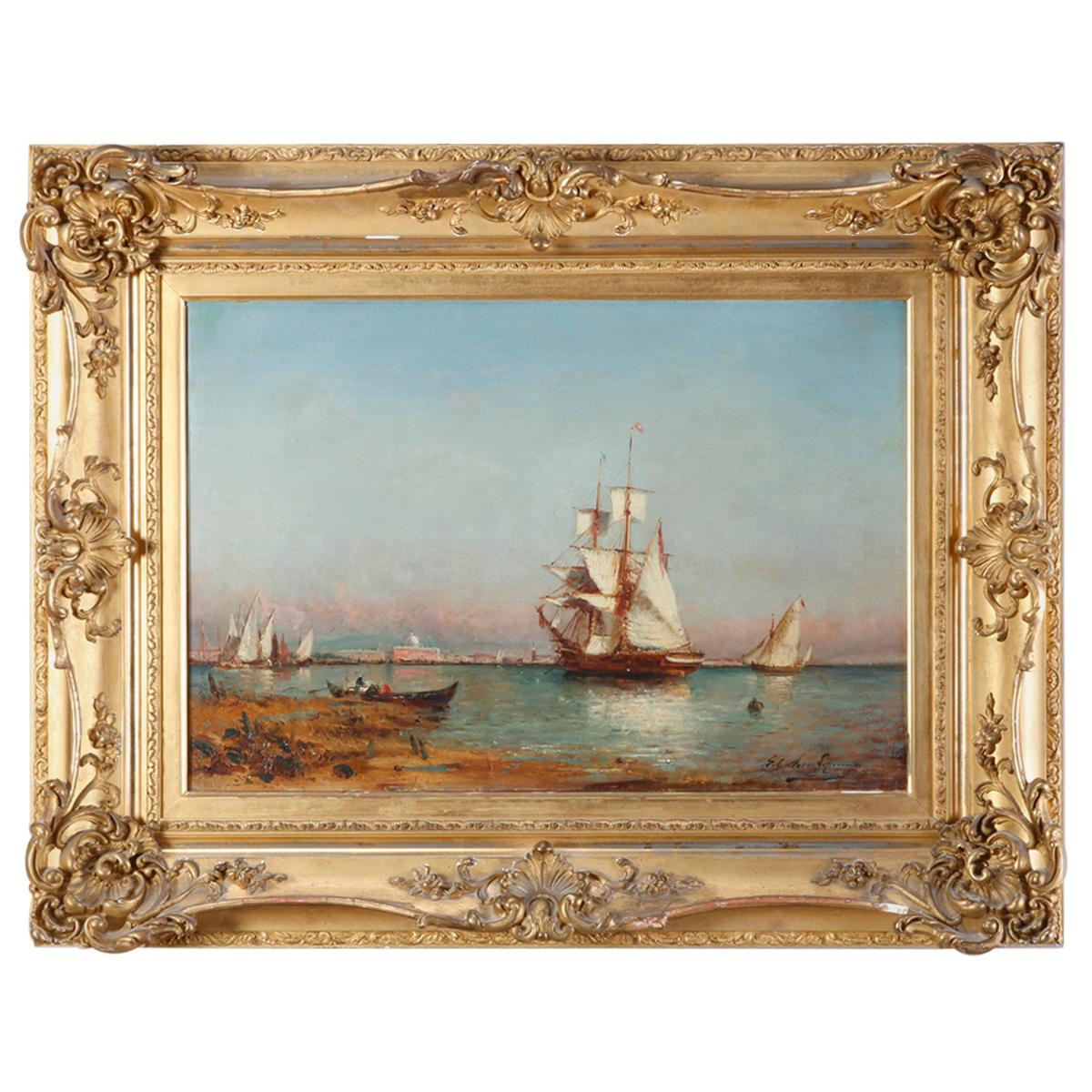 Antique Continental Venetian Harbor Scene, Artist Signed, circa 1890