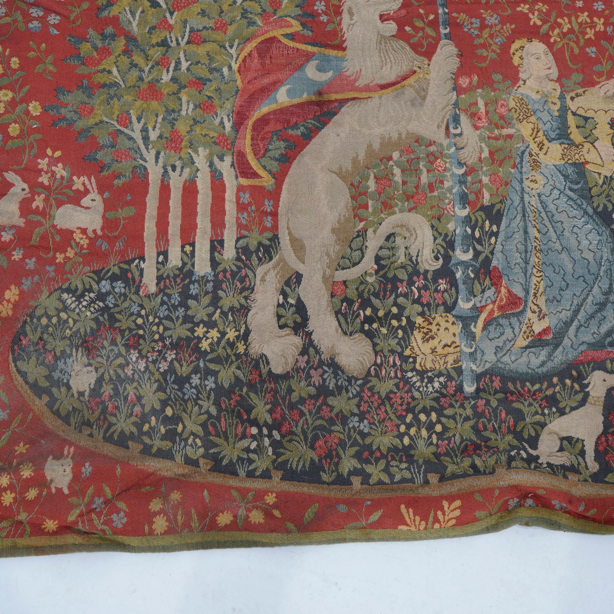 Antique Continental Wall Tapestry, Lady & the Unicorn Sense of Sight, 19th C 5