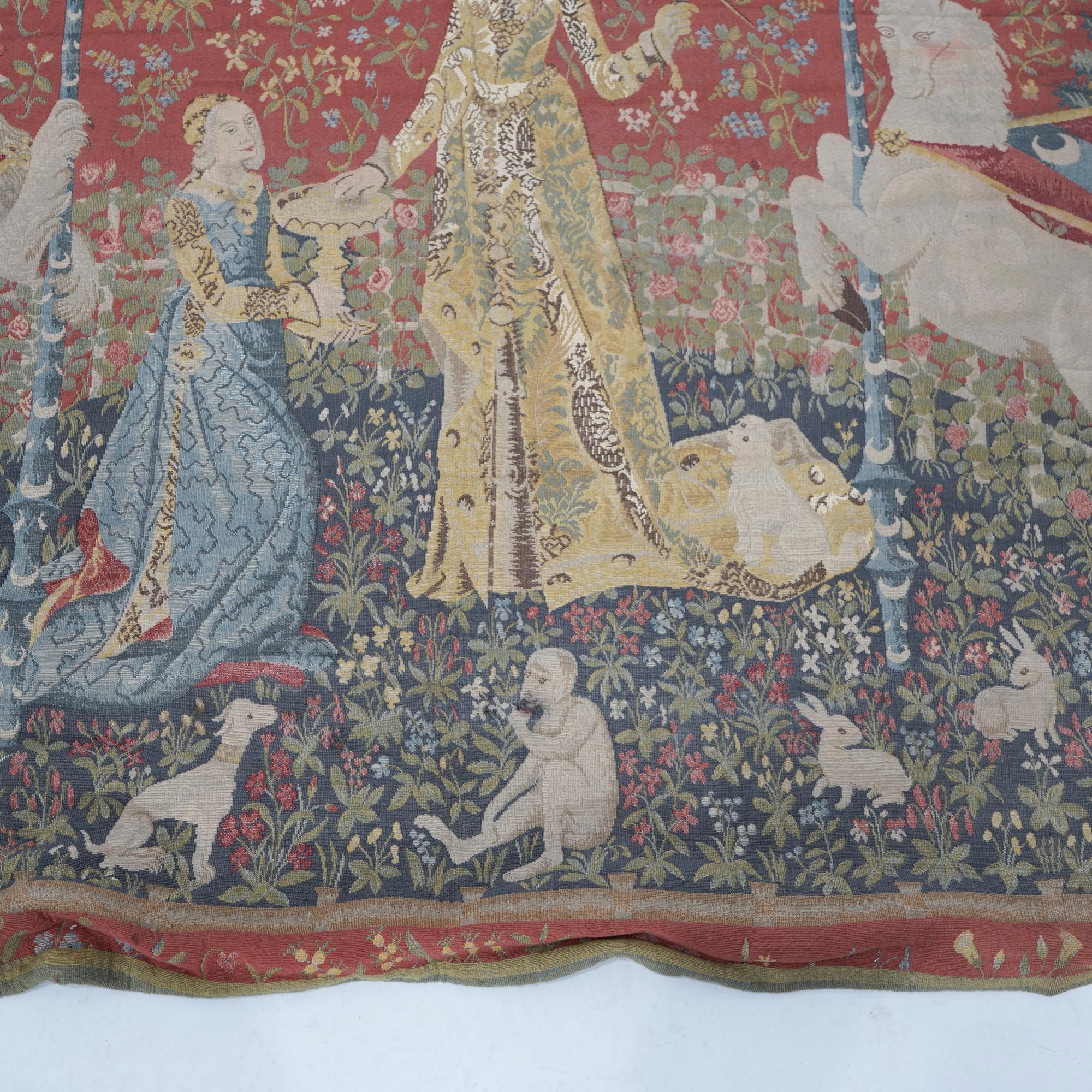 Antique Continental Wall Tapestry, Lady & the Unicorn Sense of Sight, 19th C 6